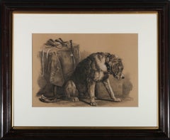Large Framed Late 19th Century Charcoal Drawing - Obedient Hound