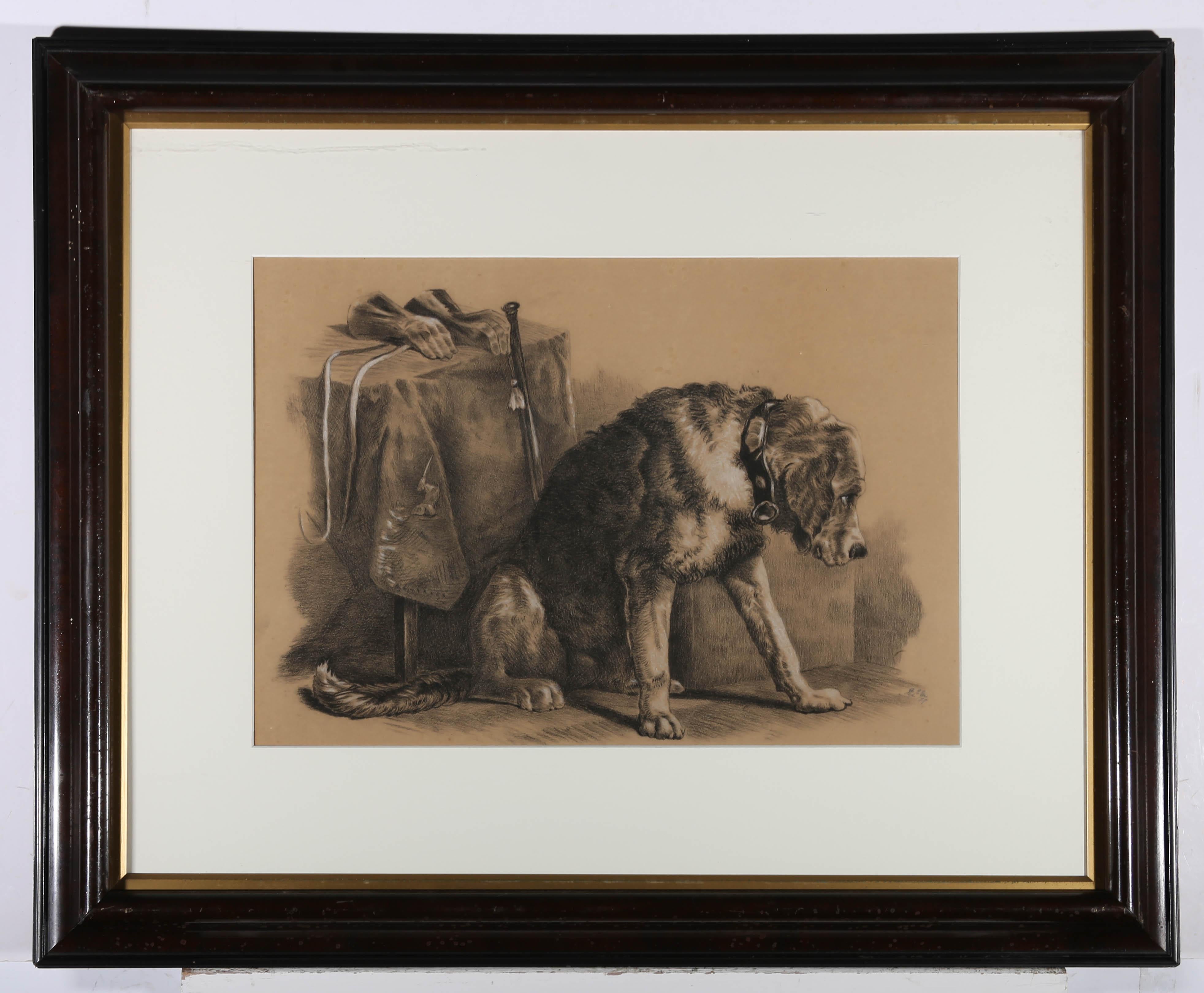 A fine charcoal and chalk study of a sad looking hound seated beside a table, with hunting accessories. Illegibly signed to the lower right. Presented in a grand mahogany frame with gilt inner slip. Glazed. On brown paper.




