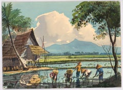 Abu Bakar Ibrahim (1925-1977) - Watercolour, Working in the Paddy Fields