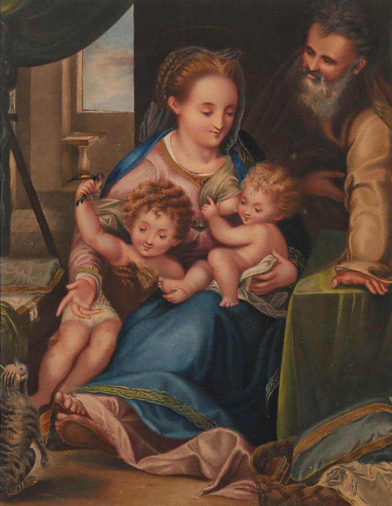Diese exquisite Kopie von Federico Baroccis "Katzenmadonna" zeigt die heilige Familie in einem Schlafgemach im Stil der Renaissance. Die Madonna hält das Christuskind auf einem Arm und seinen älteren Cousin Johannes den Täufer auf dem anderen,