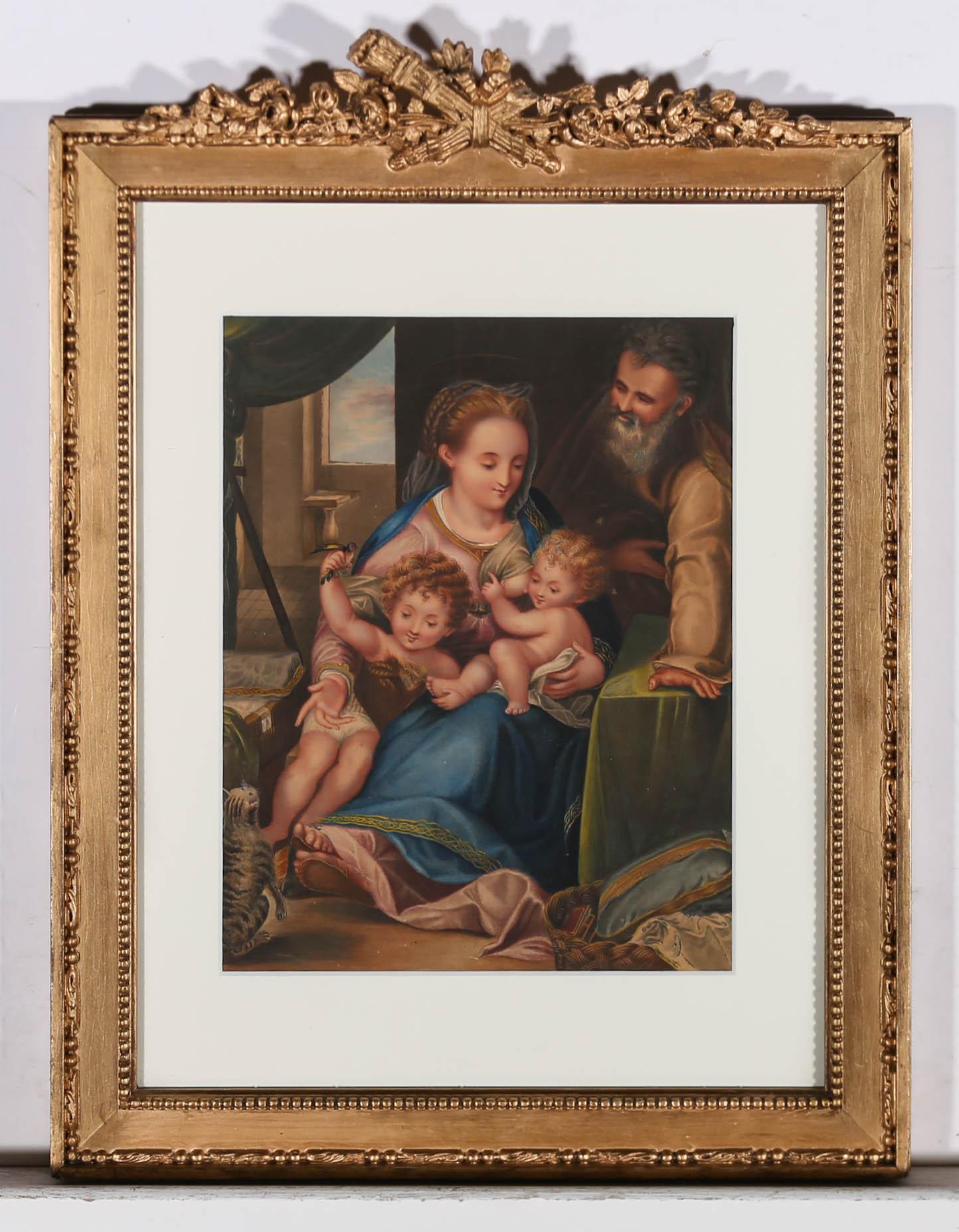 This exquisite copy of Federico Barocci's 'Madonna of the Cat' depicts the holy family together in a Renaissance style bedchamber. The Madonna holds an infant Christ in one arm and his older cousin John the Baptist in another as Saint Joseph