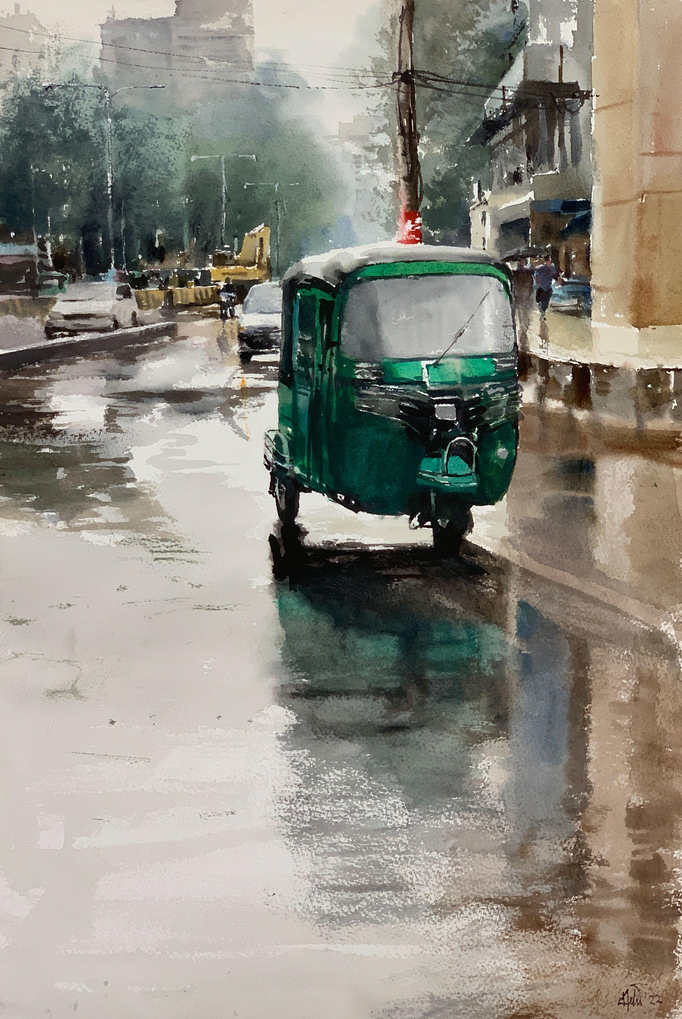 Auto Rikshaw after Rain_01, Painting, Watercolor on Paper - Art by Helal Uddin
