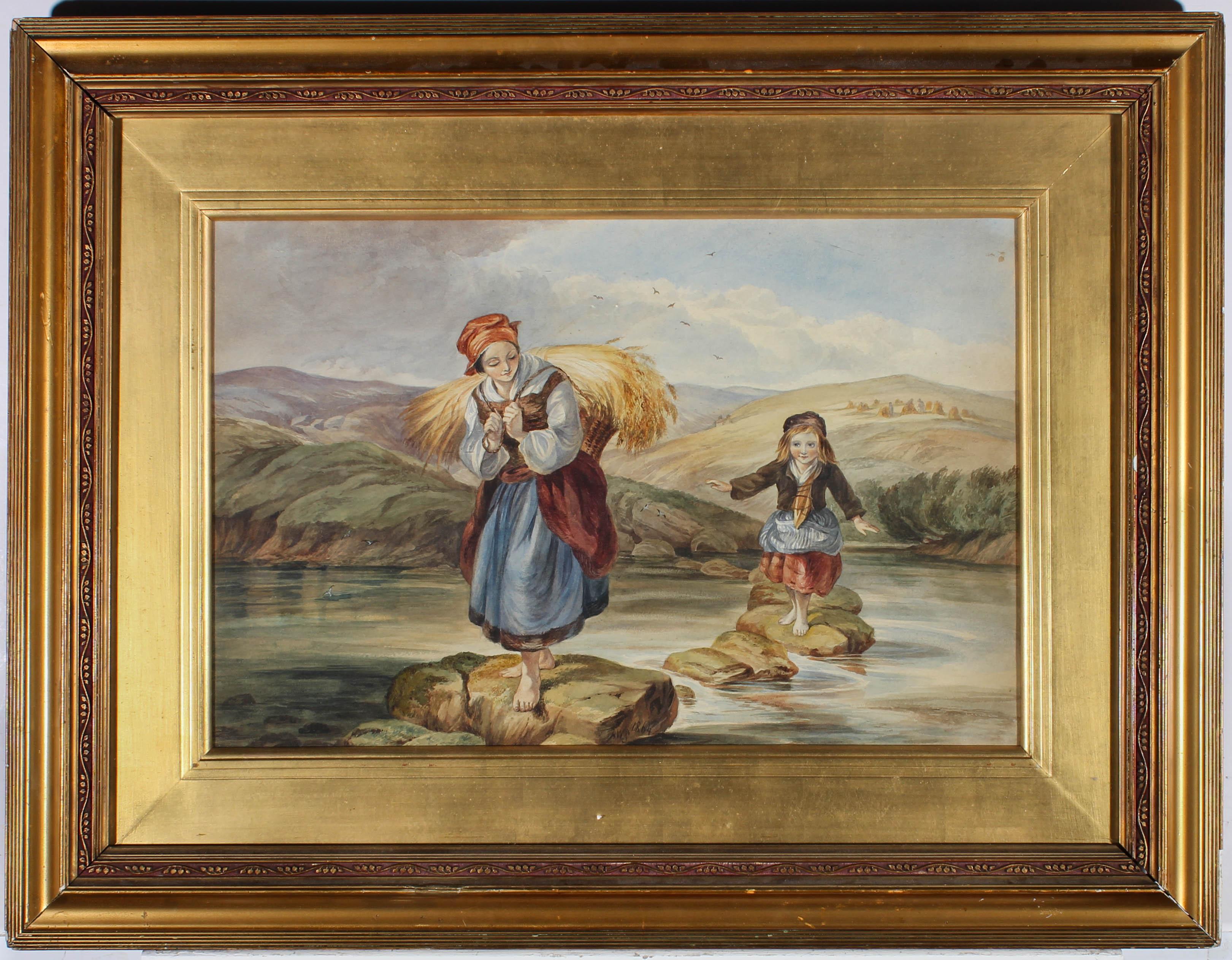 Eine charmante ländliche Szene mit einem herzerwärmenden Moment zwischen Mutter und Kind. Das Aquarell aus dem frühen 19. Jahrhundert zeigt eine malerische Landschaft mit sanften Hügeln, einem abgeernteten Weizenfeld in der Ferne und in einer Gruppe