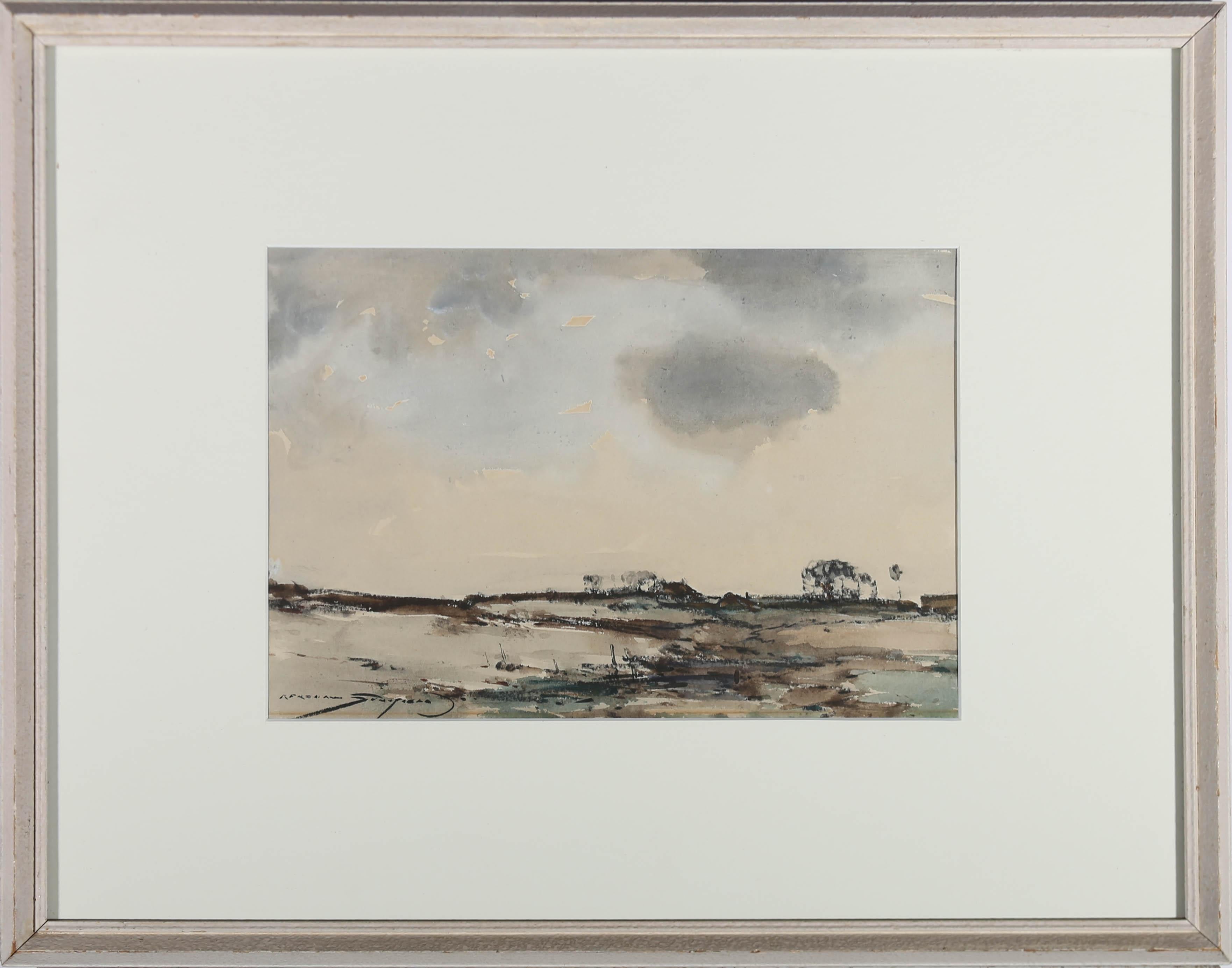 A fine watercolour study by the well listed artist, Kershaw Schofield. Depicted in this scene is an impressionistic, muted view, of the British countryside. Signed to the lower right. Presented in a white card mount and contemporary matt, off white