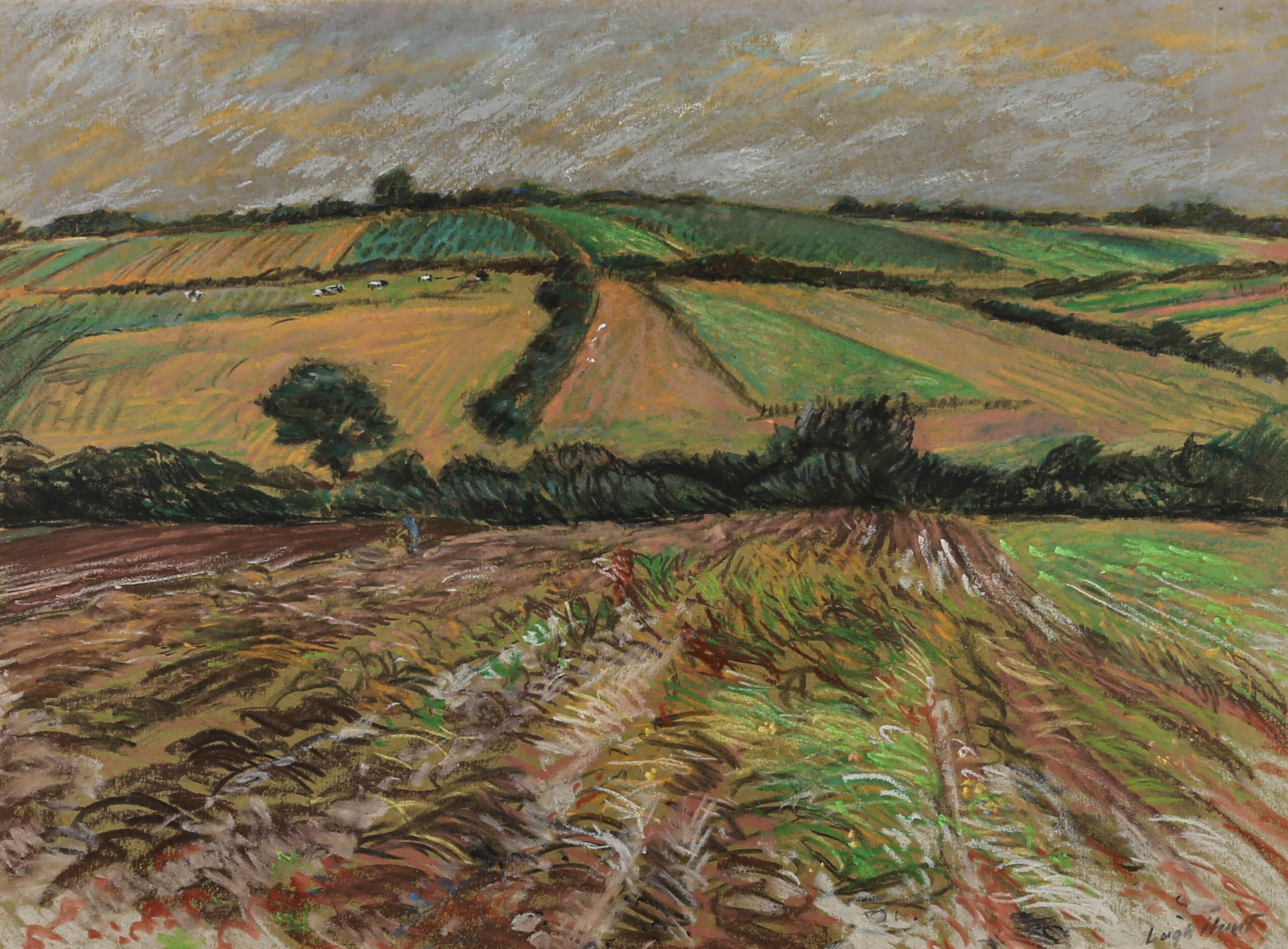 A fine 20th Century pastel landscape showing the rolling green fields of Brittany, France. The artist has signed to the lower right and the drawing has been attractively presented in a simple oak frame with white card mount. There is an inscription