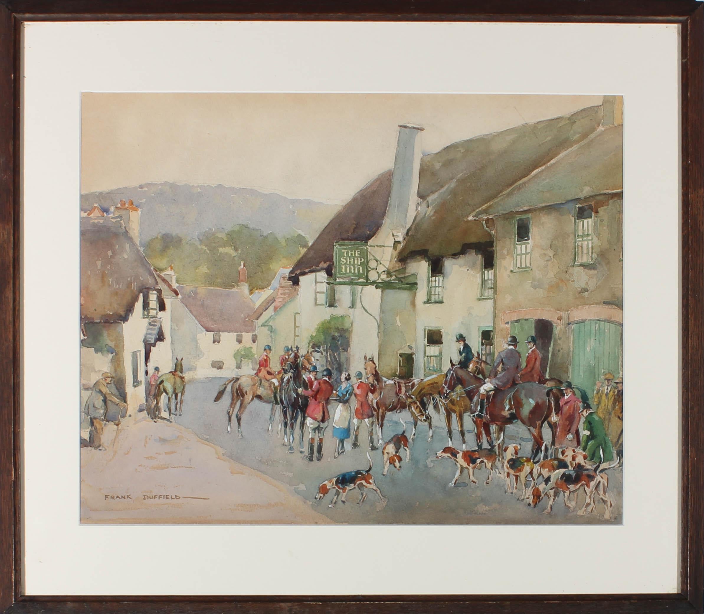 Diese lebhafte Szene zeigt Reiter, die sich mit ihren Pferden und Hunden vor dem The Ship Inn in Porlock, Devon, versammeln. Mit graphitfarbenen Details. Signiert unten links. Präsentiert in einem glasierten Holzrahmen. Auf dem Papier.









