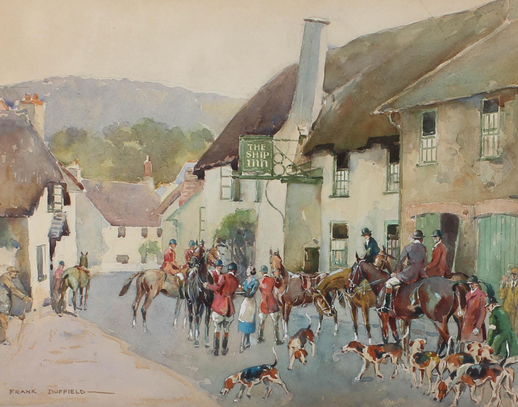 This lively scene depicts riders gathering together with their horses and hounds outside The Ship Inn in Porlock, Devon. With graphite details. Signed to the lower left. Presented in a glazed wooden frame. On paper.









