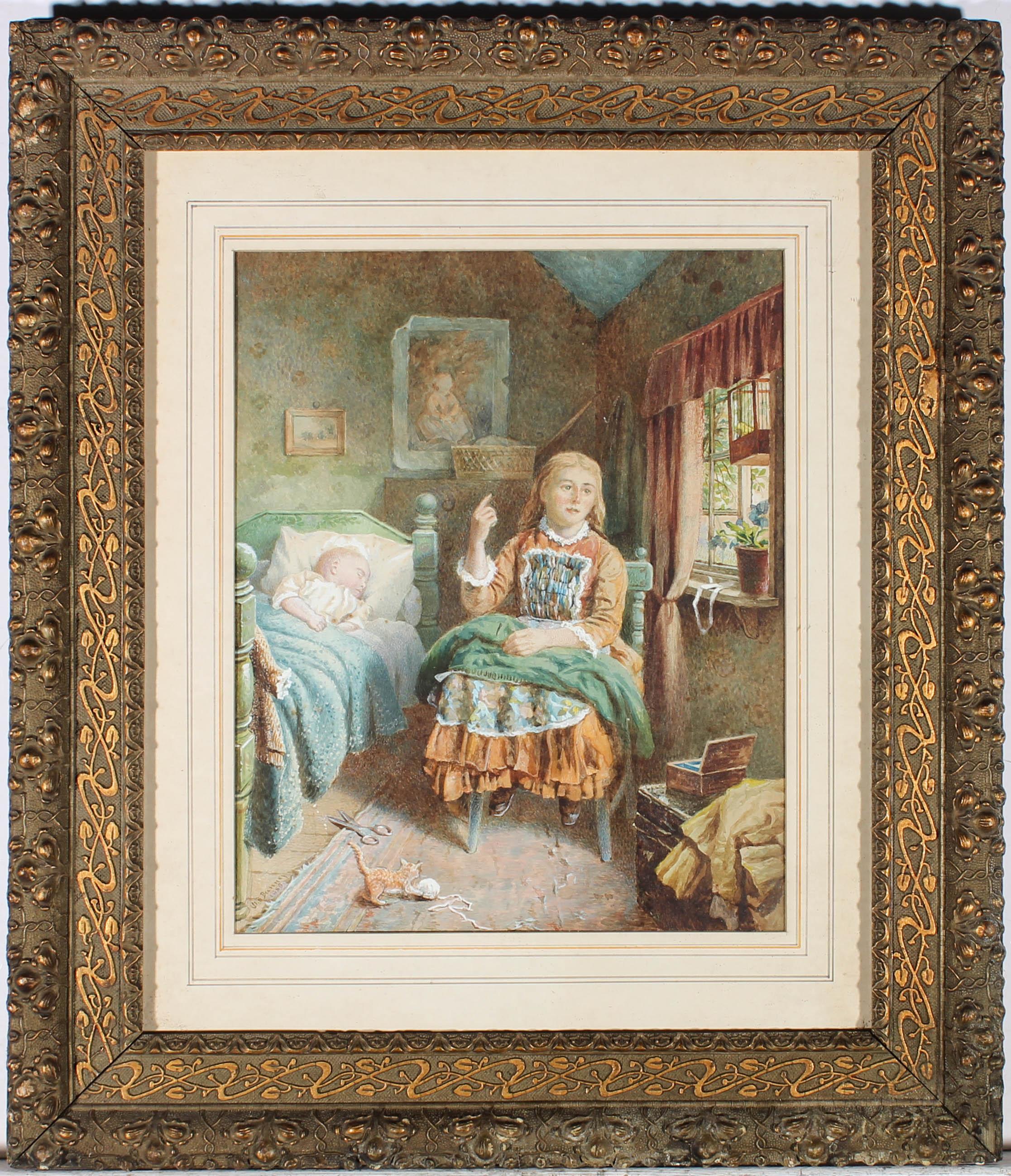 Eine charmante viktorianische Aquarell-Interieur-Szene, die ein junges Mädchen zeigt, das auf einem Holzstuhl sitzt und eine grüne Decke auf dem Schoß hat, während ein Baby in einem Bett neben ihr schläft. Die Sonne scheint durch ein offenes Fenster