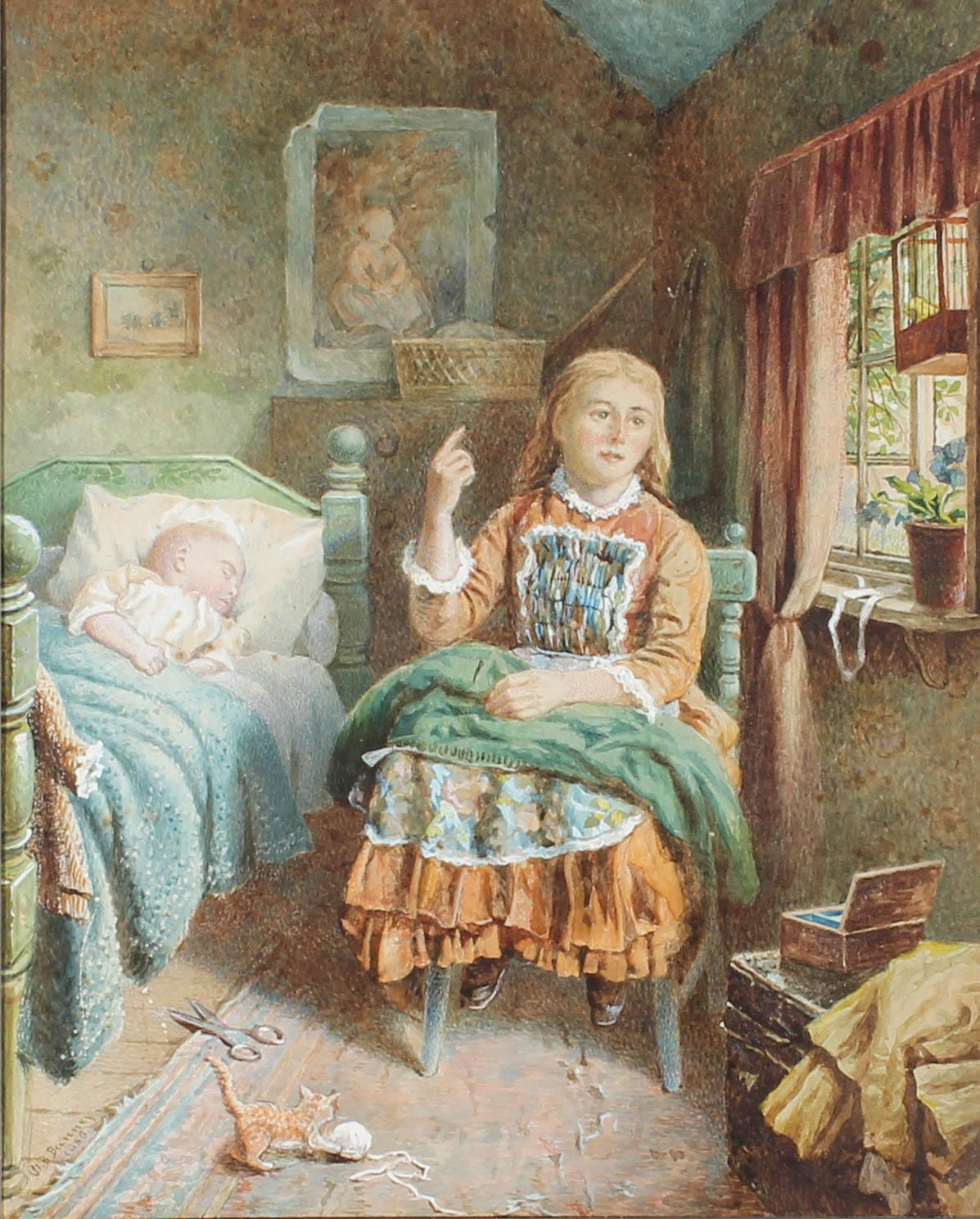 A charming Victorian watercolor interior scene showing a young girl sitting in a wooden chair with a green blanket on her lap while a baby sleeps in a bed at her side. The sun shines through an open window and a kitten plays with a ball of string on