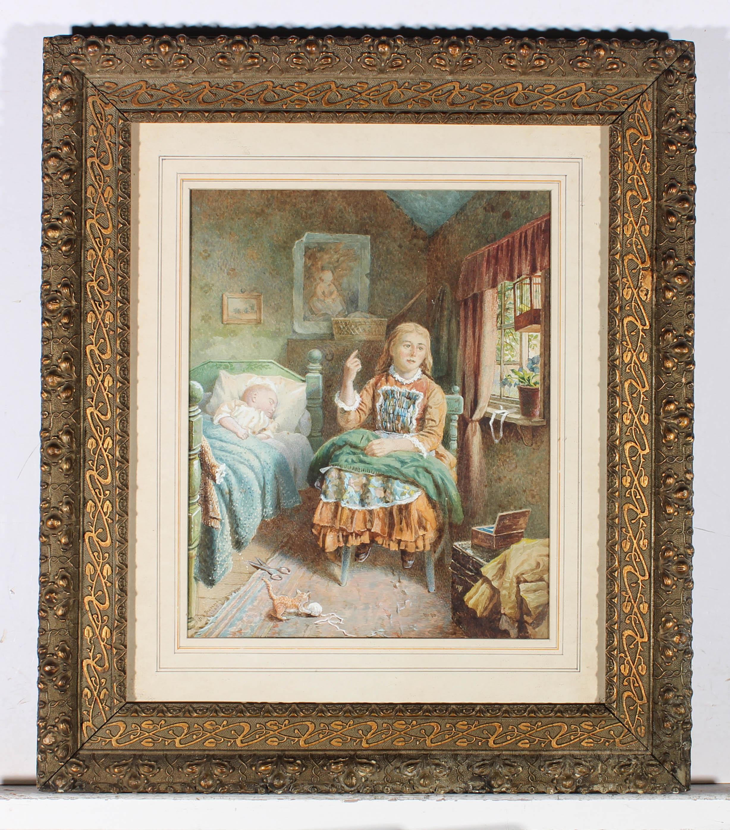 A charming Victorian watercolor interior scene showing a young girl sitting in a wooden chair with a green blanket on her lap while a baby sleeps in a bed at her side. The sun shines through an open window and a kitten plays with a ball of string on