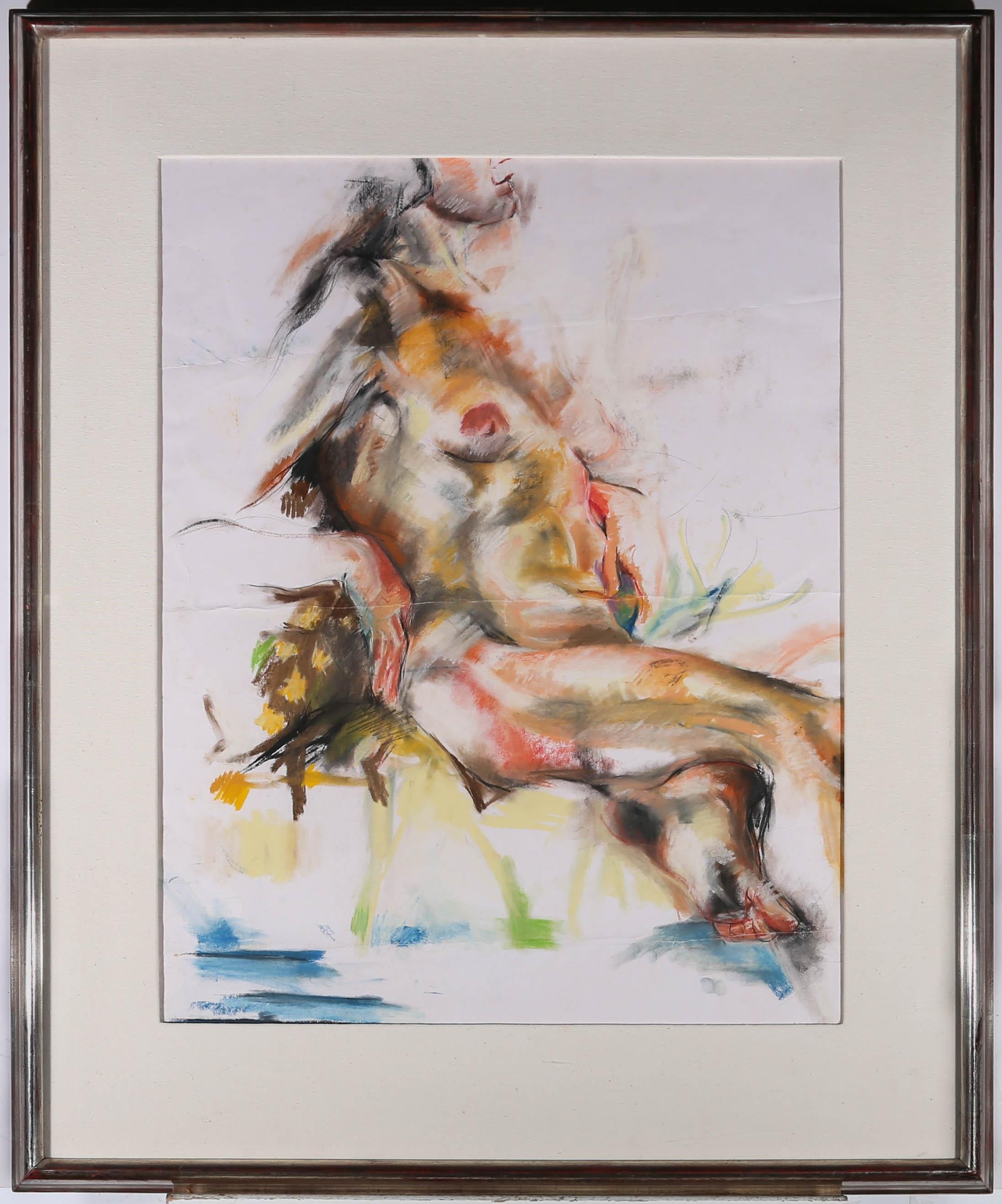 A large and colourful nude study in pastel and graphite, presented in a substantial contemporary silver gilt frame with wide linen mount. There is a label at the reverse with the artist's name and information indicating that this artwork was part of