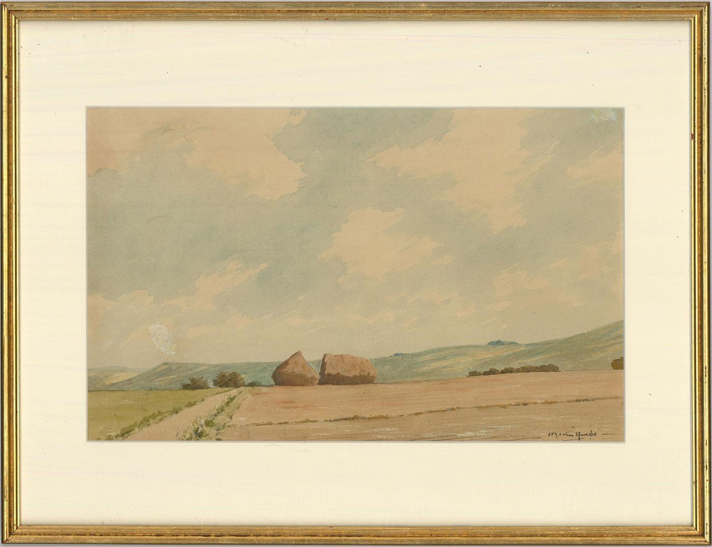 A fine watercolour view of a harvested hay field with hay stacks in the distance with the rolling hills of the South Downs, Sussex, on the horizon. The artist has signed to the lower right and inscribed, dated and signed to the reverse of the laid.