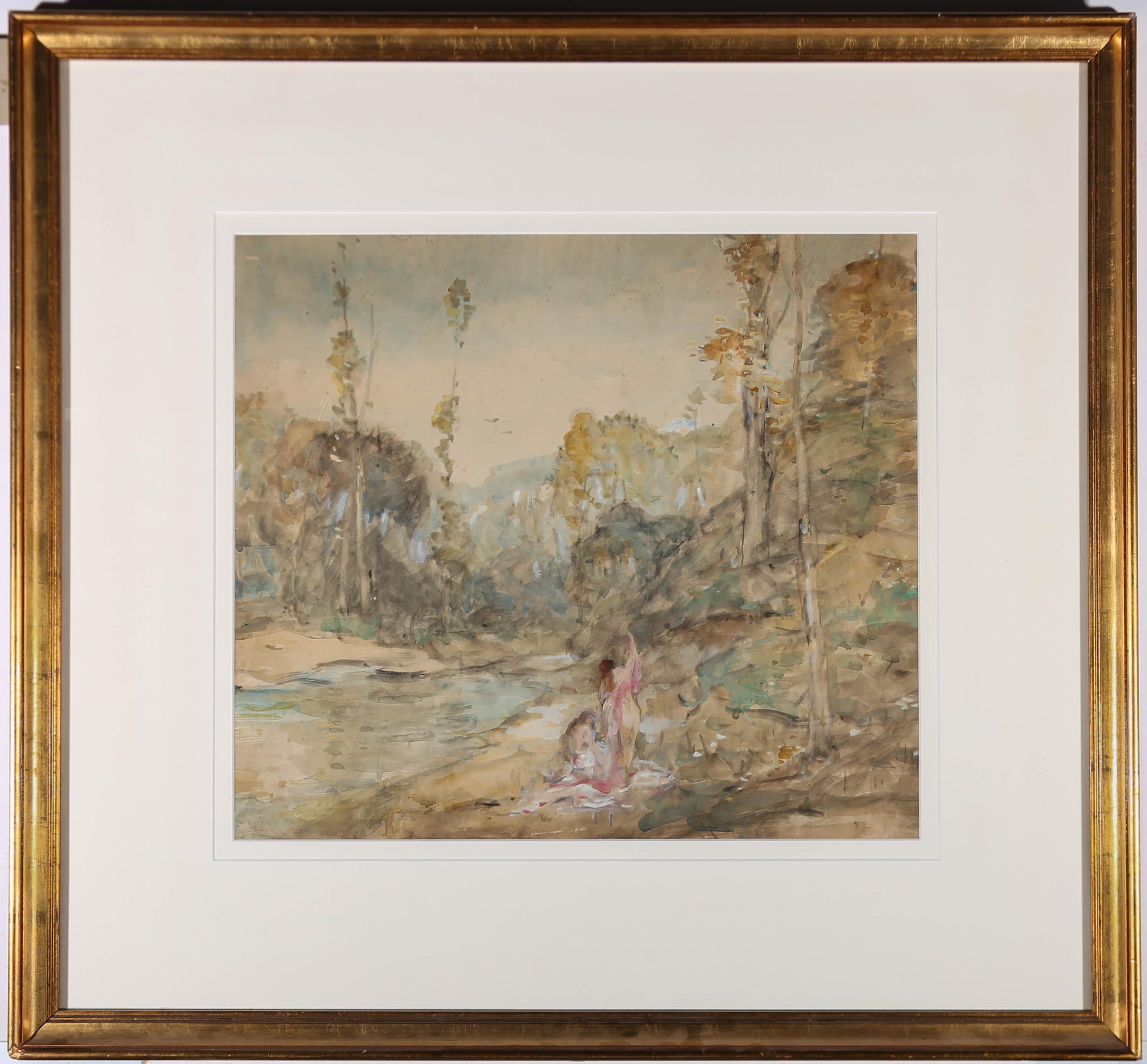 This fine early 20th Century watercolour sketch was one of the artist's preparatory sketches for his finished painting, "Eventide." It shows to nude figures, drying themselves beside a lake on a calm evening. This fine sketch shows an excellent eye