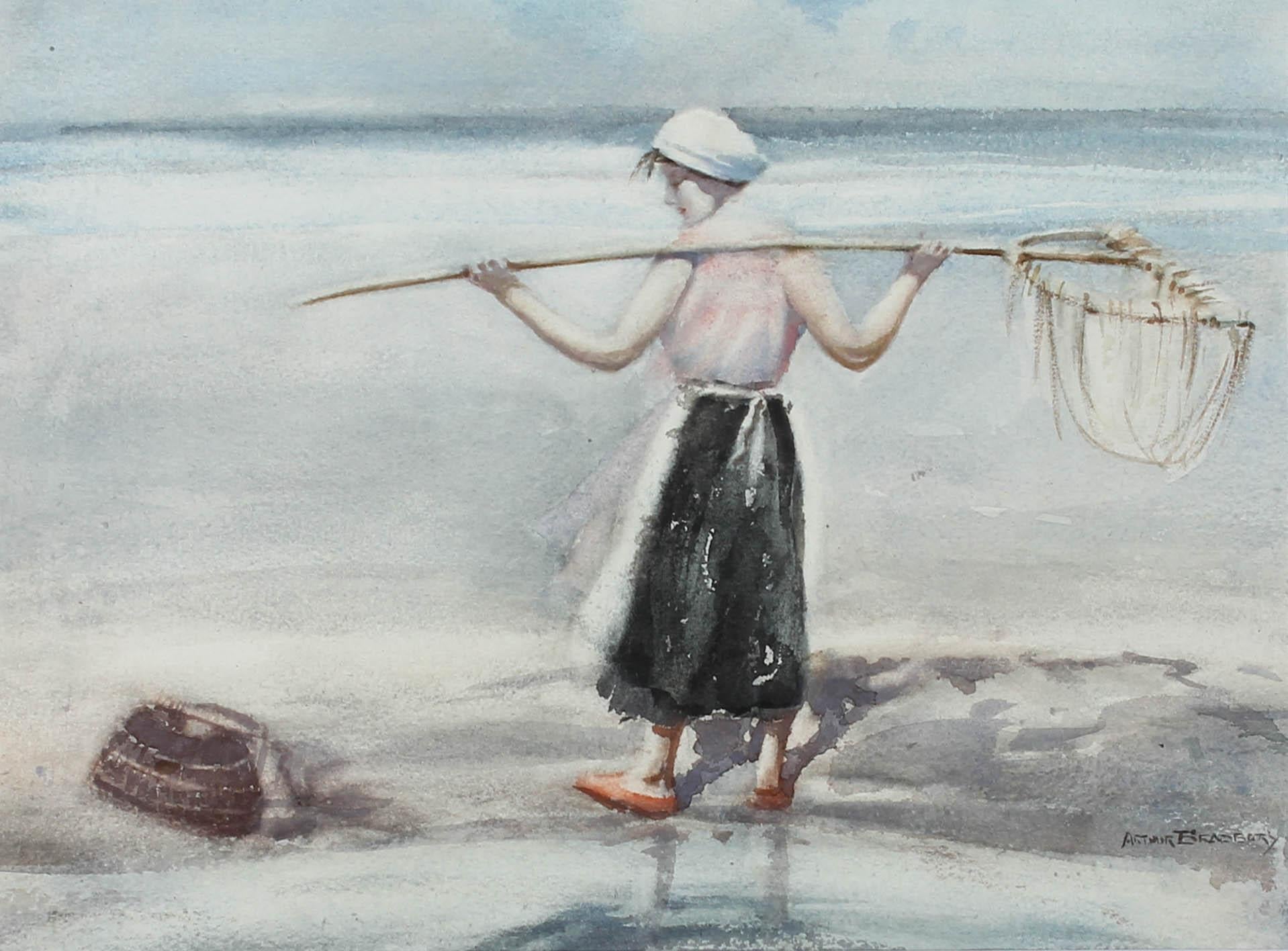 Arthur Bradbury ARWA (1892-1977) - Aquarelle encadrée, pêche au filet en vente 1