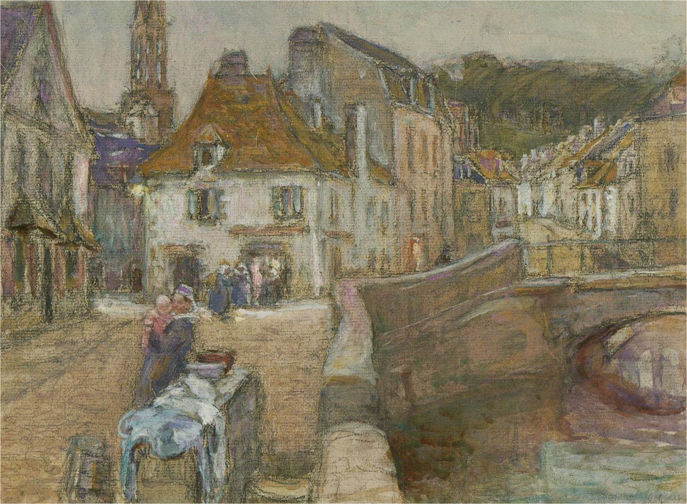 A charming early 20th Century watercolour with graphite detailing, showing a view of a quaint French harbour town. A woman holds her baby in the foreground by the harbour wall with a vignette up the narrow winding streets of the town towards the