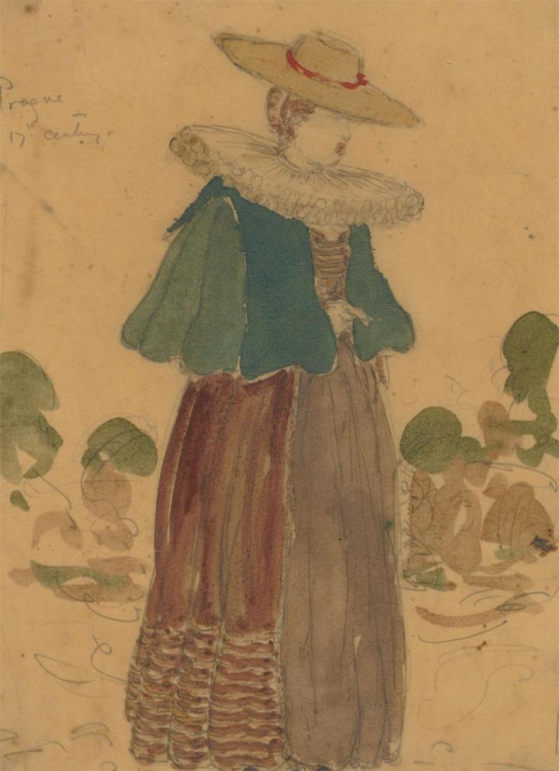 A fine costume study in watercolours showing a woman in 17th Century attire from Prague. The artist has inscribed to the upper right. The painting is unsigned and presented in a simple wood frame with card mount. There is a label at the reverse with