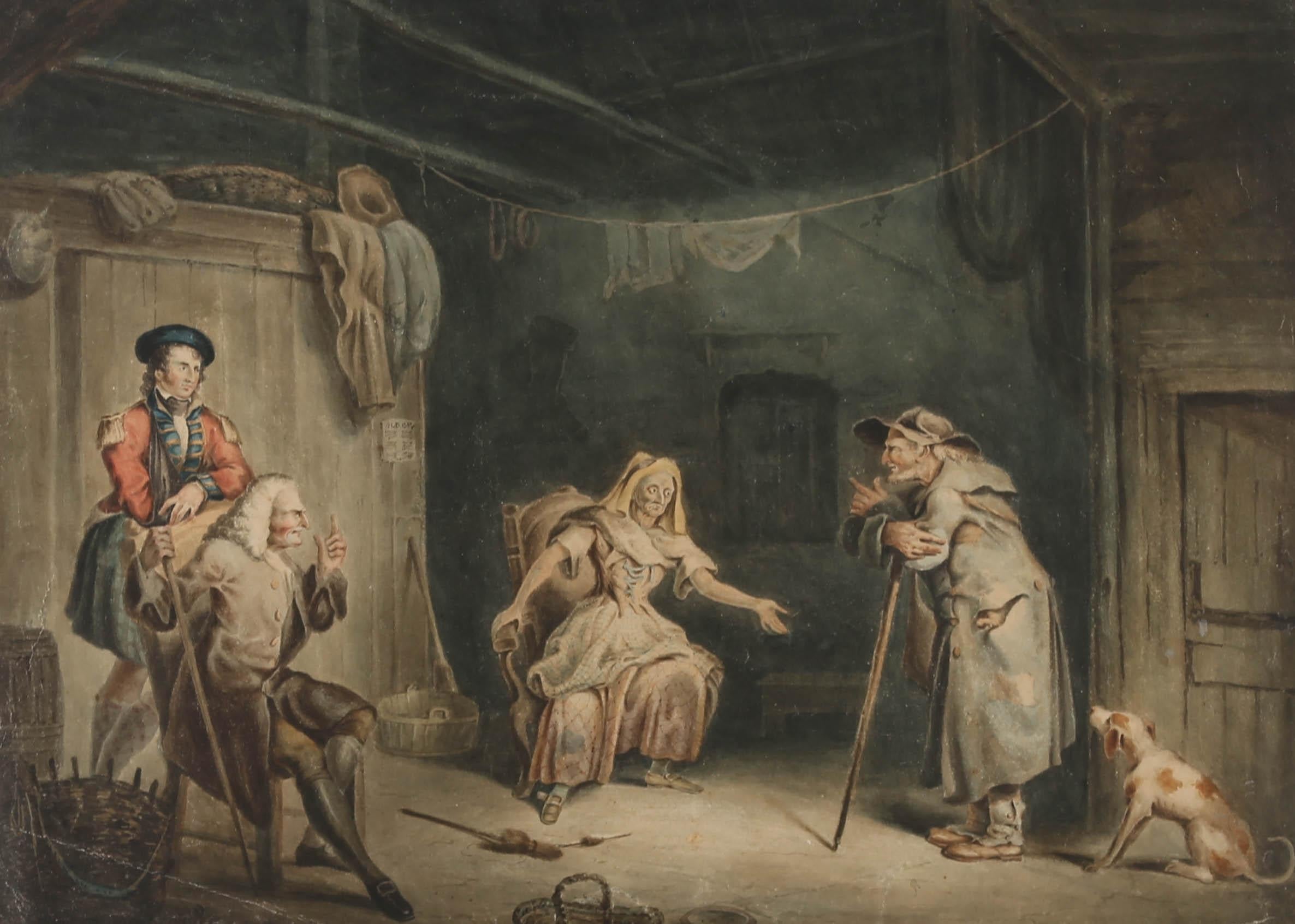 A fine mid 19th Century watercolour scene with wonderful narrative. The scene is set inside a run down barn in which an old man and woman appear to be living with their dog. A finely dressed Scotsman, in kilt and tam o' shanter stands, leabning on