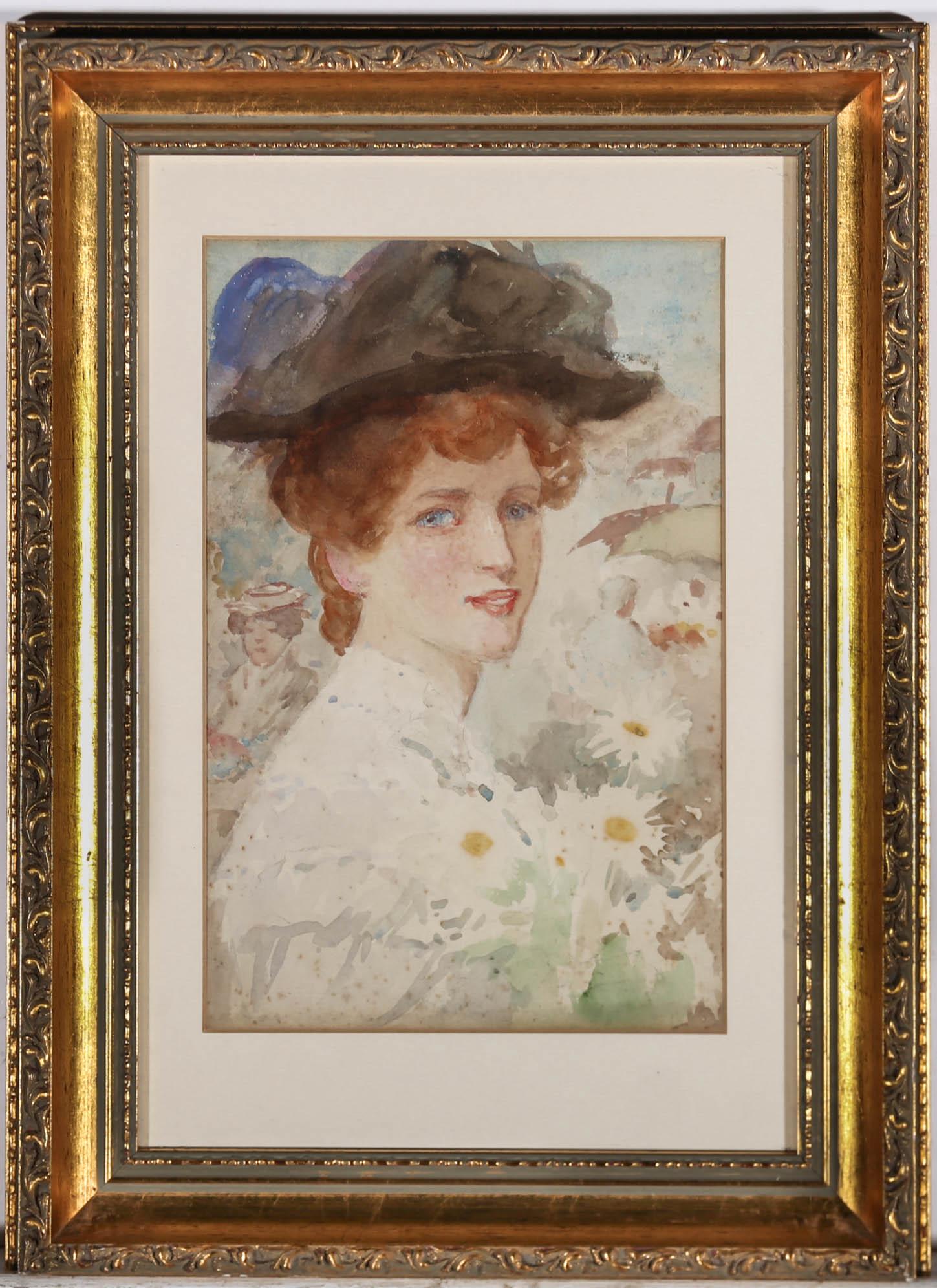 A charming Edwardian portrait of a smiling woman with a black hat and a bunch of daisies. The painting is unsigned, with an inscription at the reverse of the paper. One inscription is in the artist's hand reading "Flower Market." The other