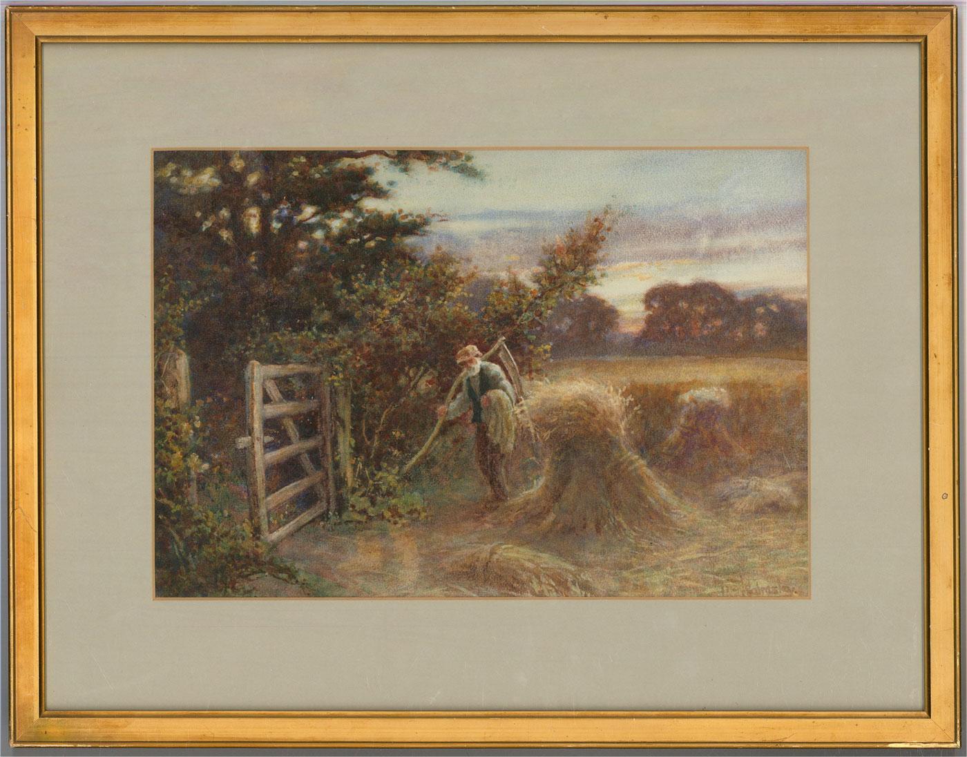A charming watercolour scene of a farmer walking home after a long day of stacking hay. We can see he is holding his scythe in one hand and a piece of fabric in the other as he walks towards the open gate. Well presented in a mount and gilt frame.
