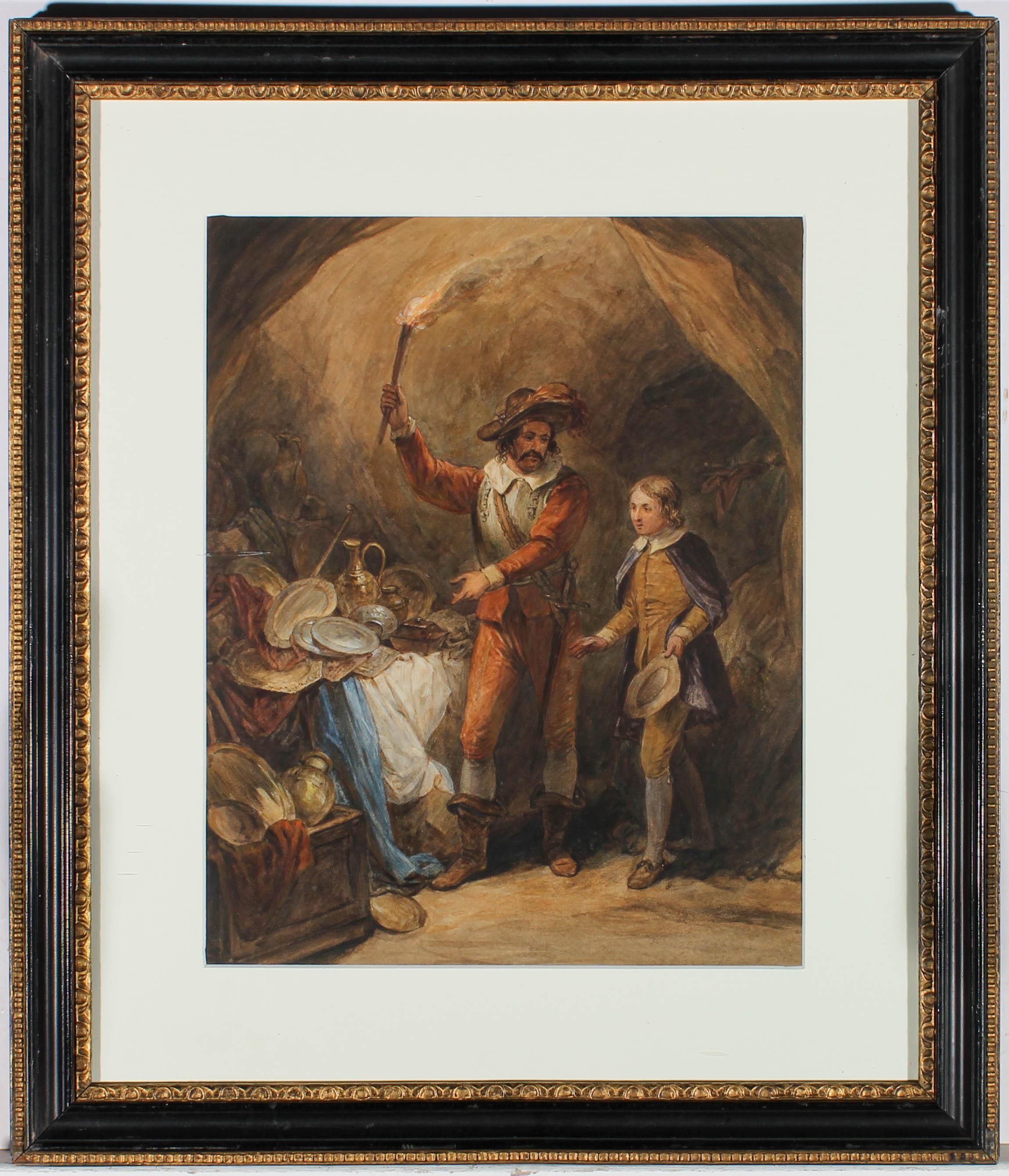 A fascinating early 19th century watercolours of a young lord, accompanied by his paid explorer to a hoard of newly discovered treasure. Attached to the back of the frame, on a piece of card is the signature, John Massey Wright (1777-1866).