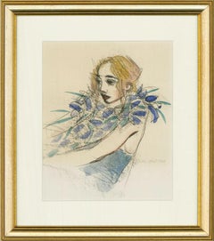 Dina Larot (n.1942) - 1988 Acuarela, Mujer con boa de plumas