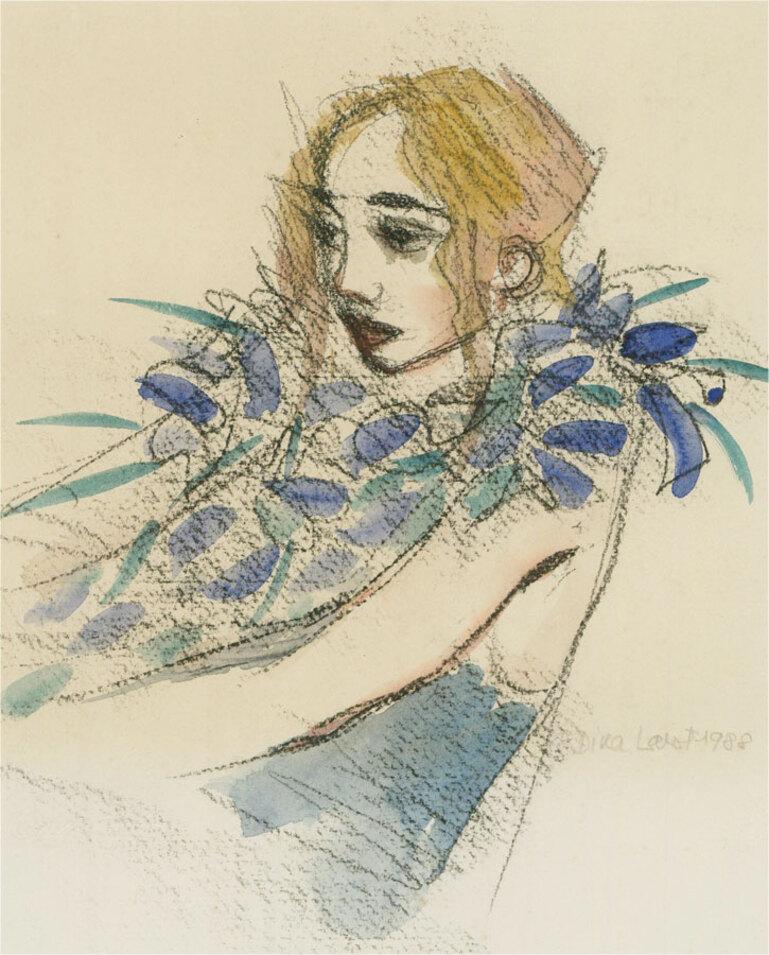 Dina Larot (geb.1942) - 1988 Aquarell, Frau mit Federboa 1
