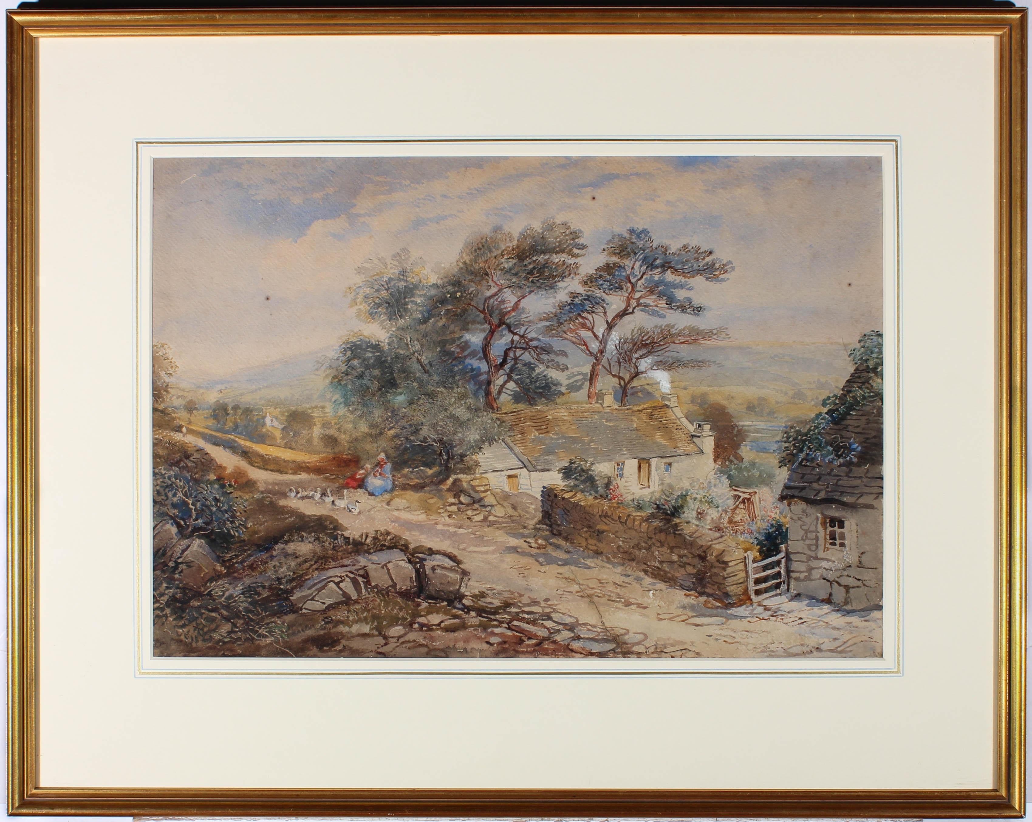 Unknown Landscape Art – Aquarell des 19. Jahrhunderts – The Farmstead