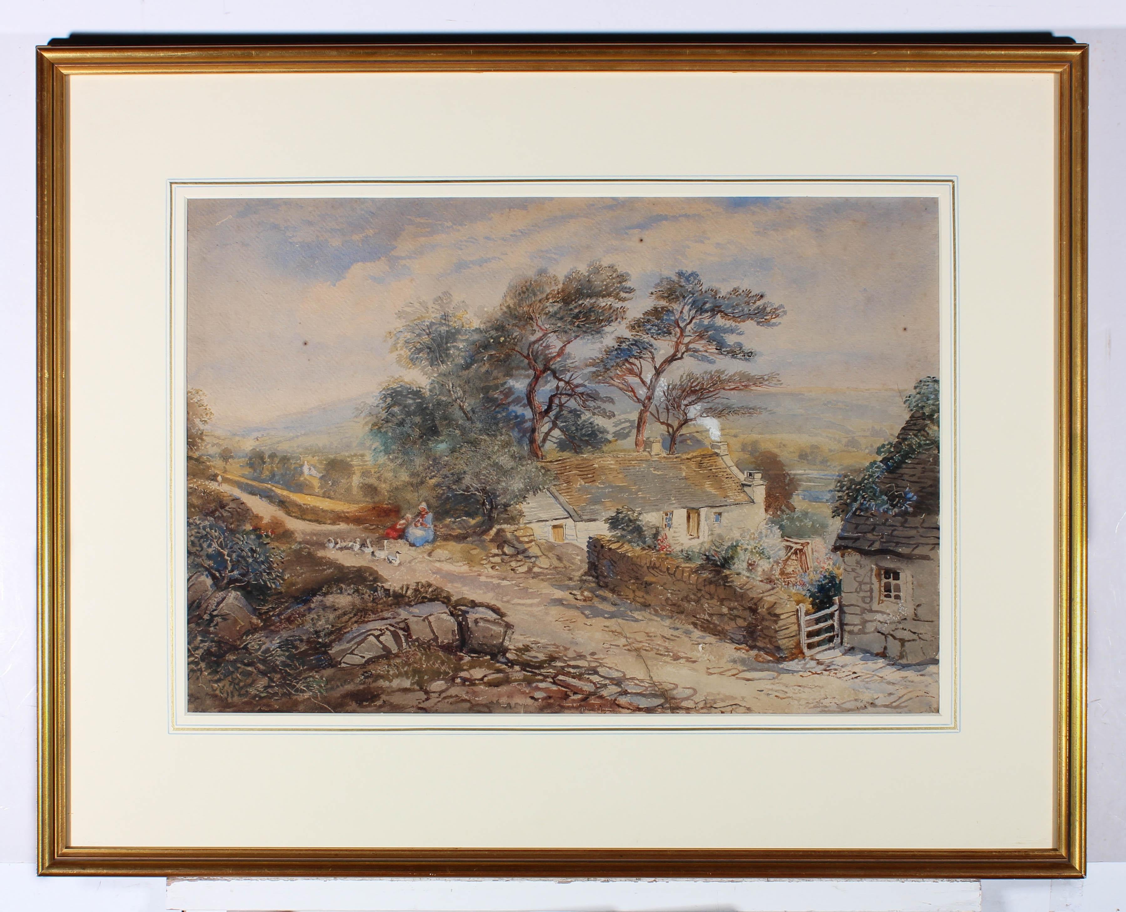 This charming study depicts a country lane with farm cottages. A mother and child feed gees and ducks on the cobblestones before vast countryside. Unsigned. Presented in a glazed gilt frame with a white card mount. On There are some light foxing