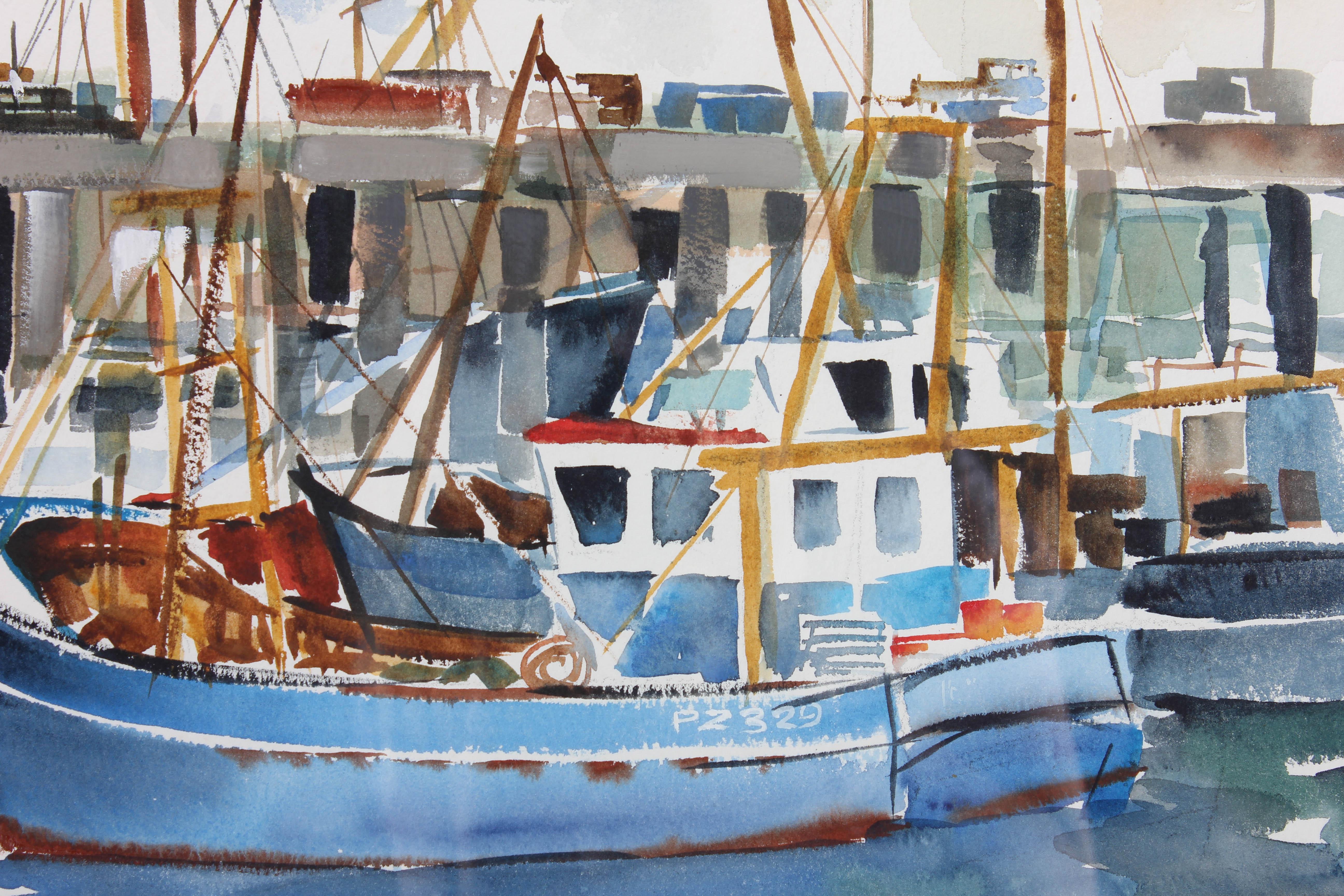 Barnett Bray - Framed Contemporary Watercolour, Docked in the Harbour For Sale 4
