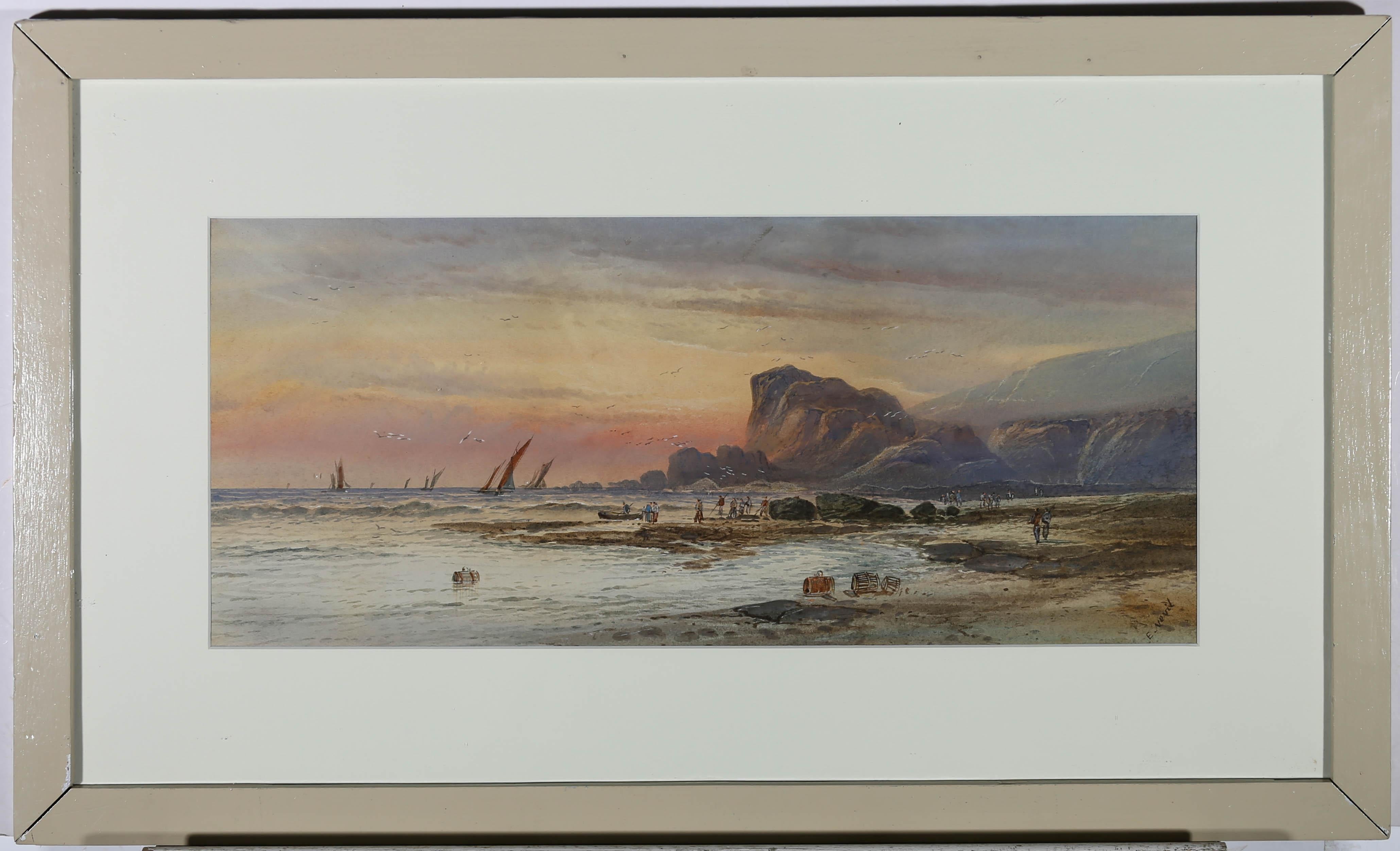 A charming scene depicting figures on the shore fishing for crabs in the rockpools. In the foreground crabbing baskets lie in the shallow water. Signed to the lower right. Part of a pair of coastal scenes by the artist. Presented in a painted wooden