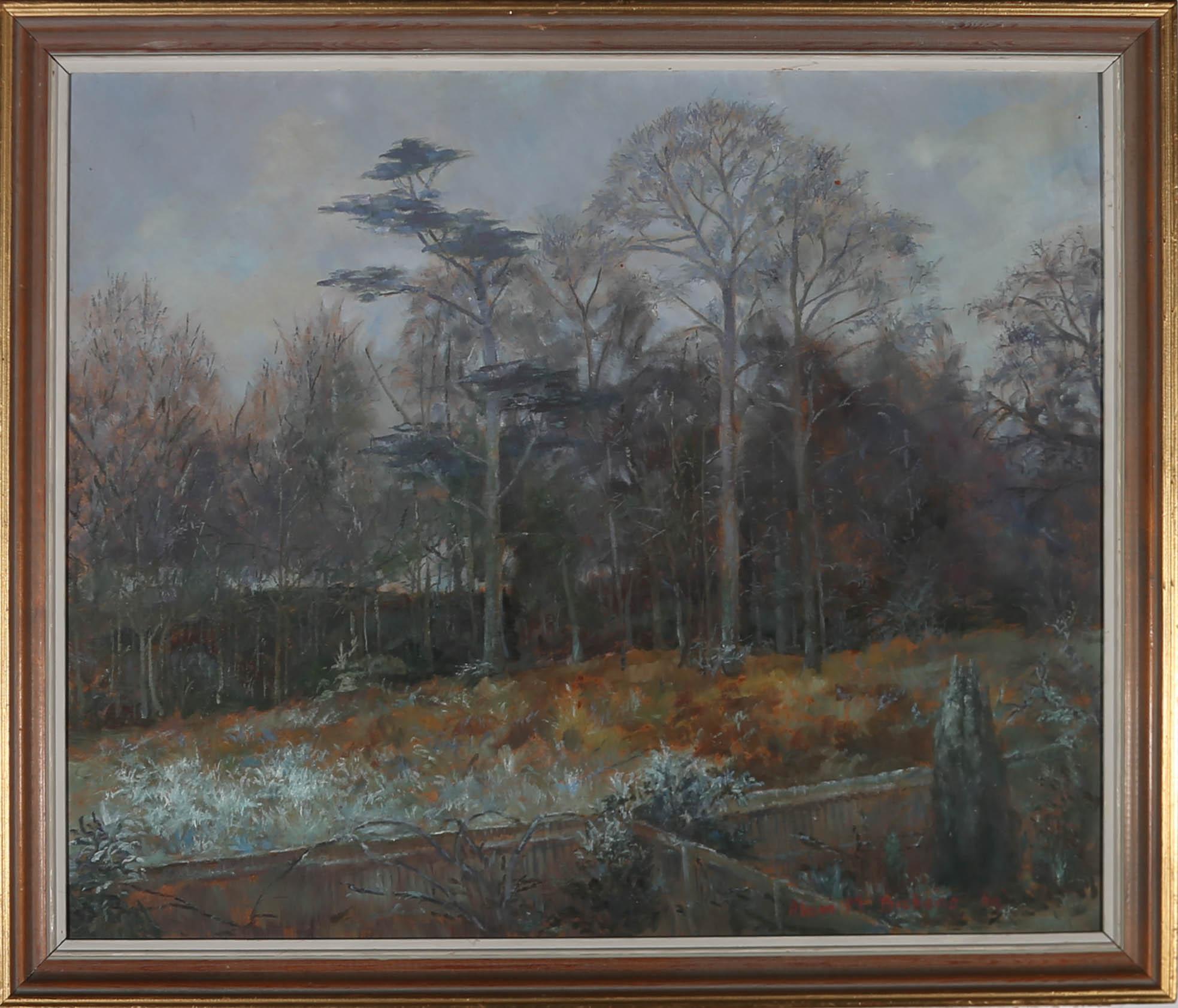 A very fine landscape by the British artist Alison M. Dickens. Here she has captured the edge of woodland on a frosty morning as the sun rises in the distance. Well presented in a gilt effect frame. Signed and dated. On board.








