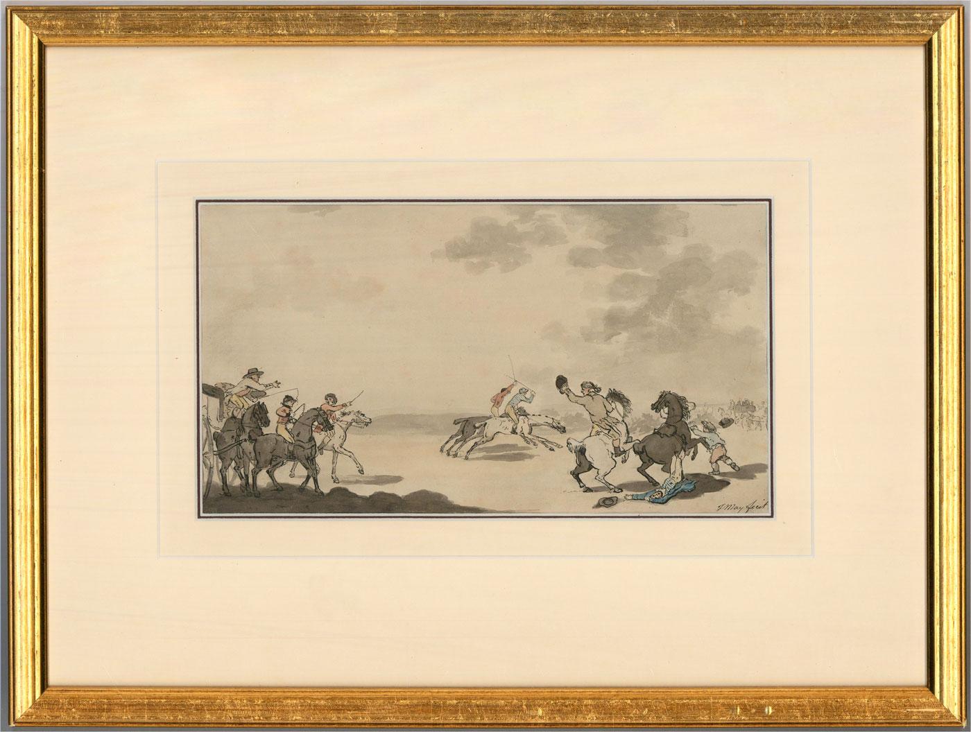 A delightful ink illustration of a steeple chase taking place while spectators watch on. Signed to the lower right and well presented in a double card mount and gilt frame. On wove.