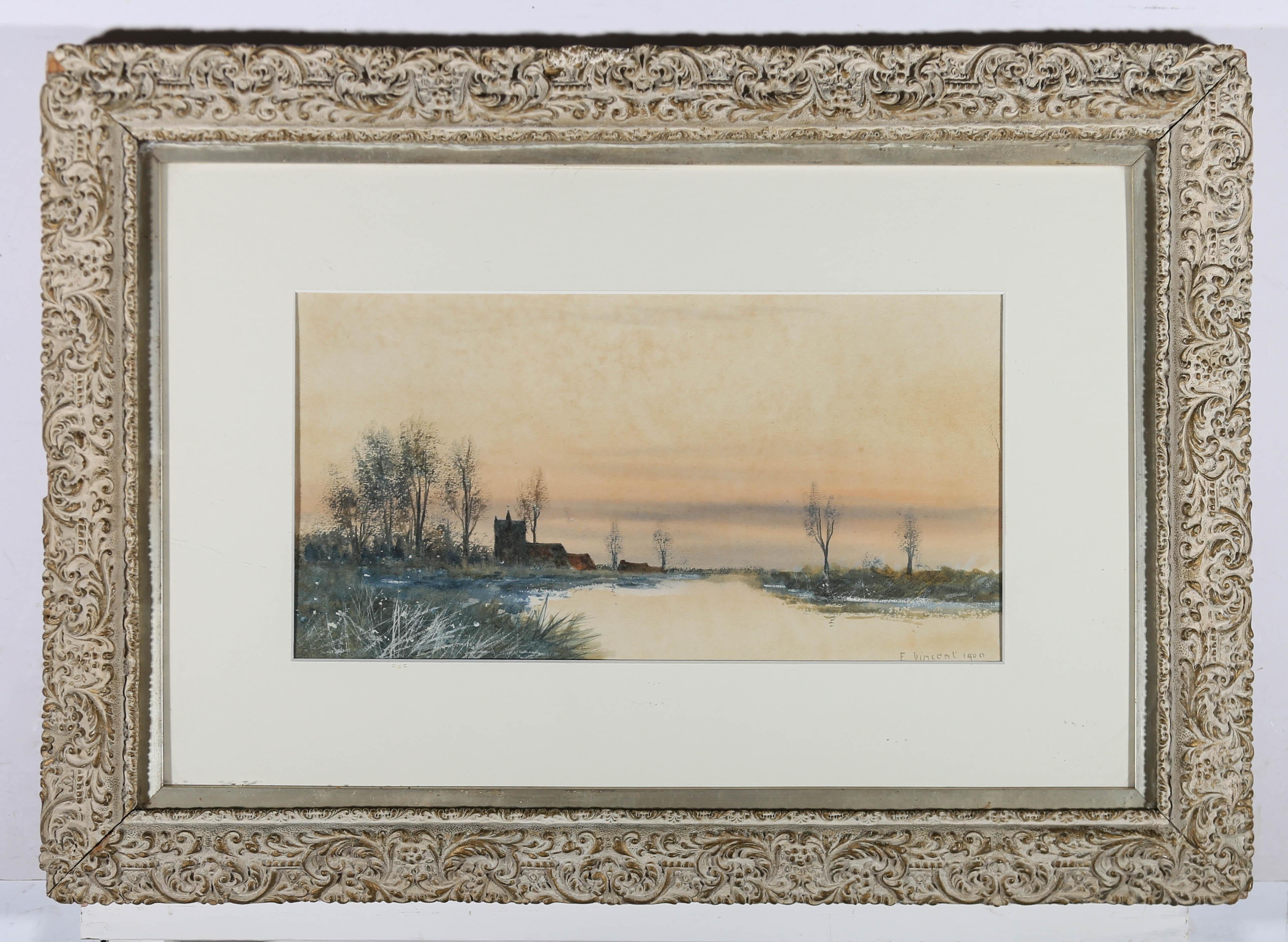 Gerahmtes Aquarell von F. Vincent aus dem Jahr 1900, Kirche am Flussufer im Angebot 2