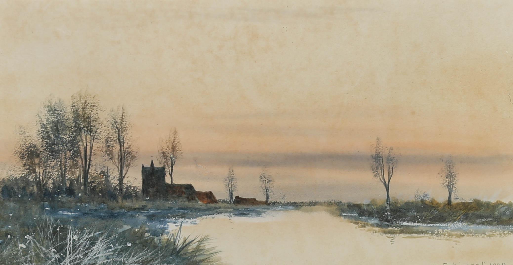 Gerahmtes Aquarell von F. Vincent aus dem Jahr 1900, Kirche am Flussufer im Angebot 1