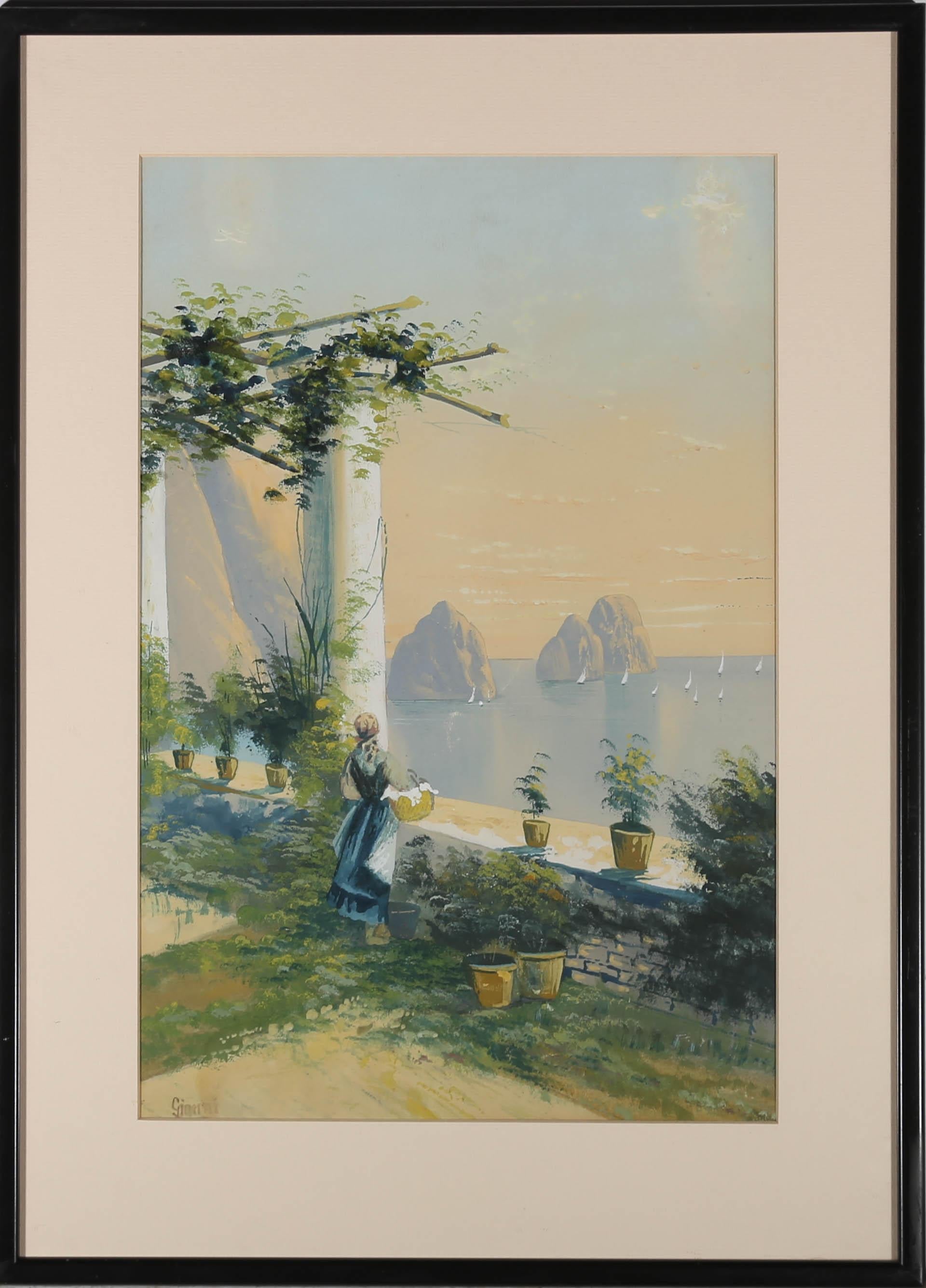 This delightful scene depicts a woman on a Mediterranean Terrace looking out to sea. The sun casts a warm glow over the scene as it begins to set on the horizon. Signed to the lower left. Presented in a black frame with a cream card mount. On