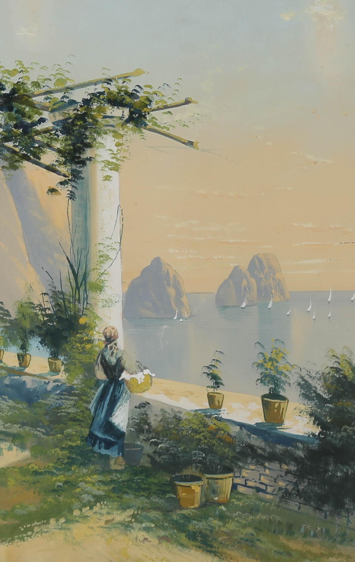 Gianni - Early 20th Century Gouache, Mediterranean Terrace For Sale 1