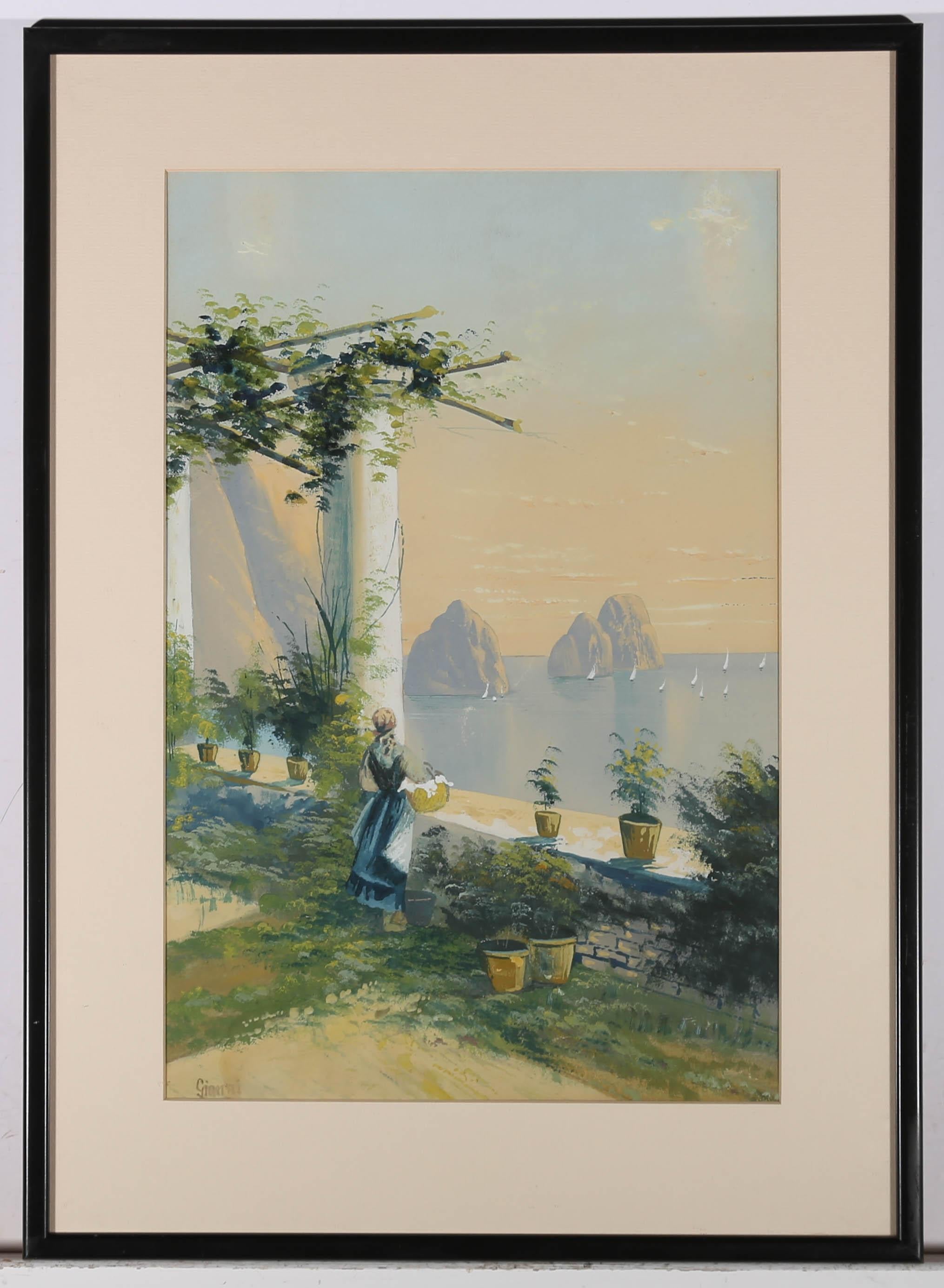 Gianni - Early 20th Century Gouache, Mediterranean Terrace For Sale 2