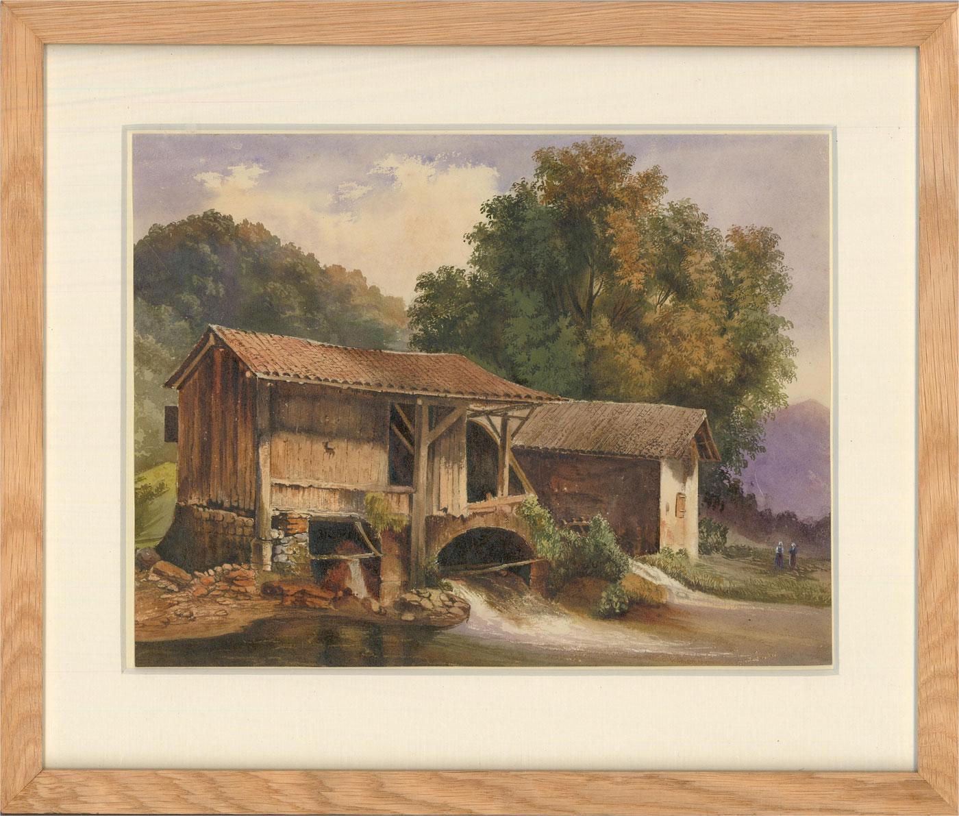 A crisp and vibrant watercolor study of a riverside mill house, with two female workers conversing in a distant field. The rustic characteristics of the mill have been carefully captured in delicate brush strokes by the artist. Encompassed by a