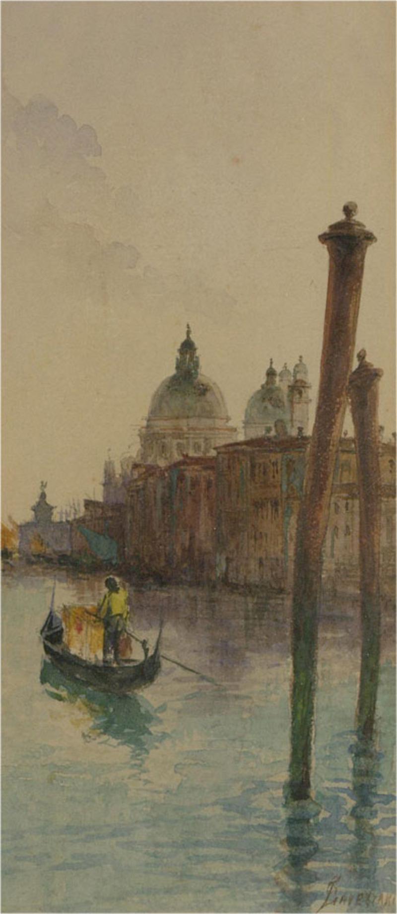A charming late 19th Century watercolour view of St Mark's Basilica in Venice. A gondola drifts past in the foreground. The artist has signed to the lower right corner and the painting has been presented in a simple contemporary frame with card