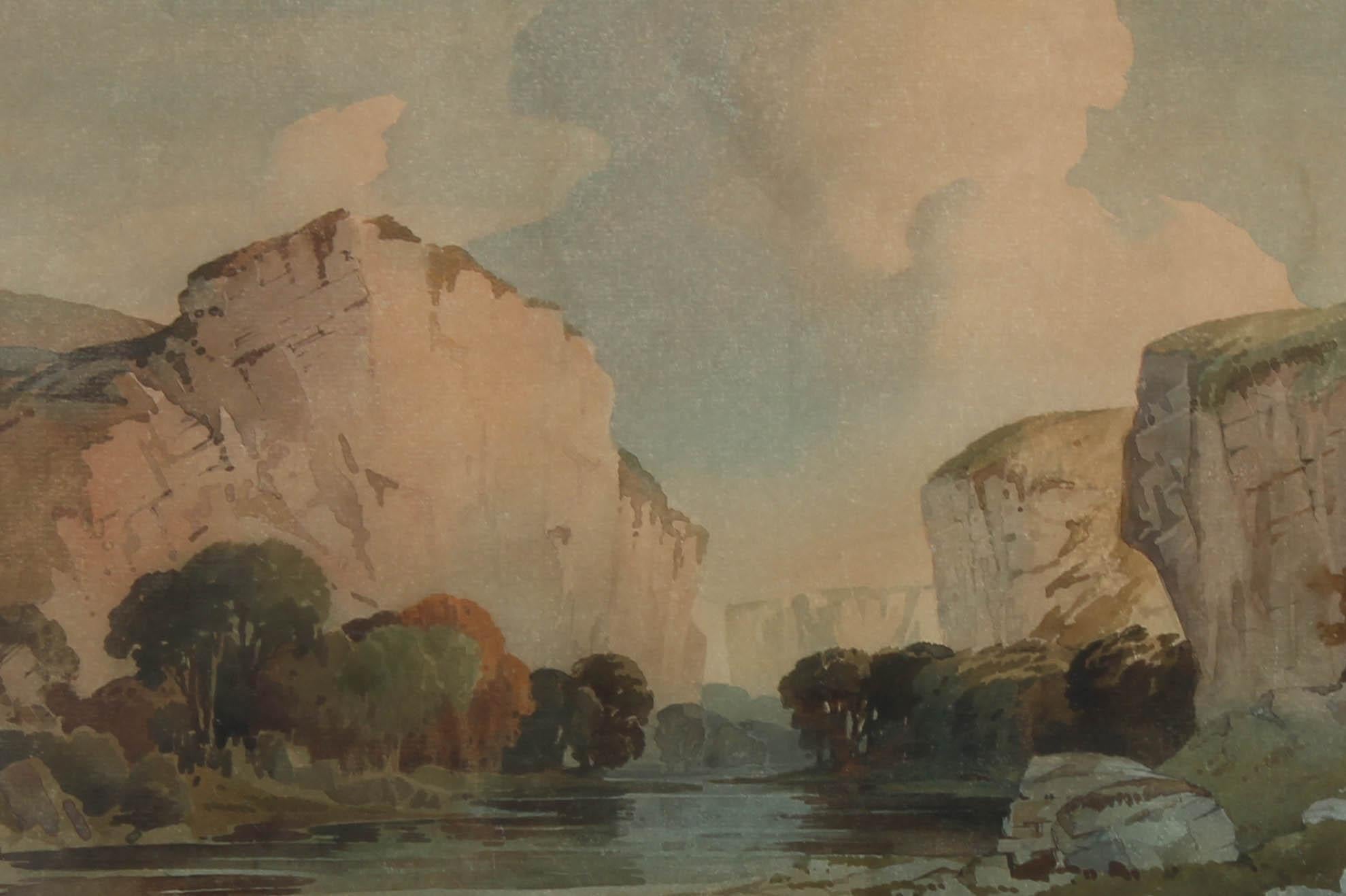 A fine watercolours landscape by the well listed, British artist, Percy Lancaster (1878-1951) RI RBA RIBA. This composition is typical of the artists style, depicting a river scene with gorge and sharp rocky cliffs. Signed to the lower right-hand