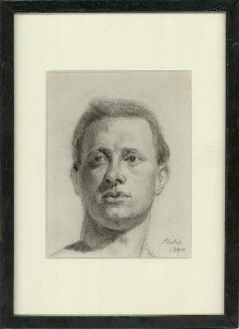 This accomplished late 19th Century charcoal drawing depicts the bust of a man with short cropped hair and strong features. Signed 'Philip' and dated to the lower right in graphite. Presented in a glazed black frame and white card mount. On