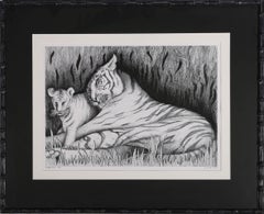 Sabiha Khemir (b.1959) - Framed 2001 Pen and Ink Drawing, Tiger & Cub