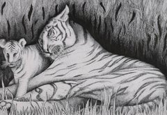 Sabiha Khemir (b.1959) - Framed 2001 Pen and Ink Drawing, Tiger & Cub