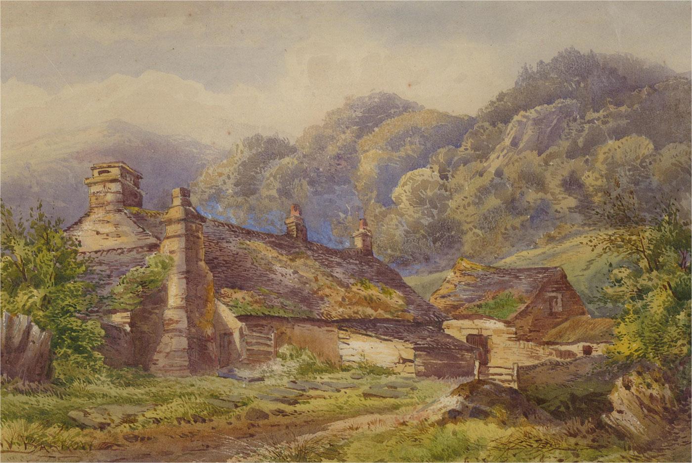 A fine British School, late 19th century watercolour, depicting a hillside cottage in a rural setting. The artist has delicately added detail to the cottage roof tiles and surrounding foliage. Signed to the lower left. Presented in a muted metallic