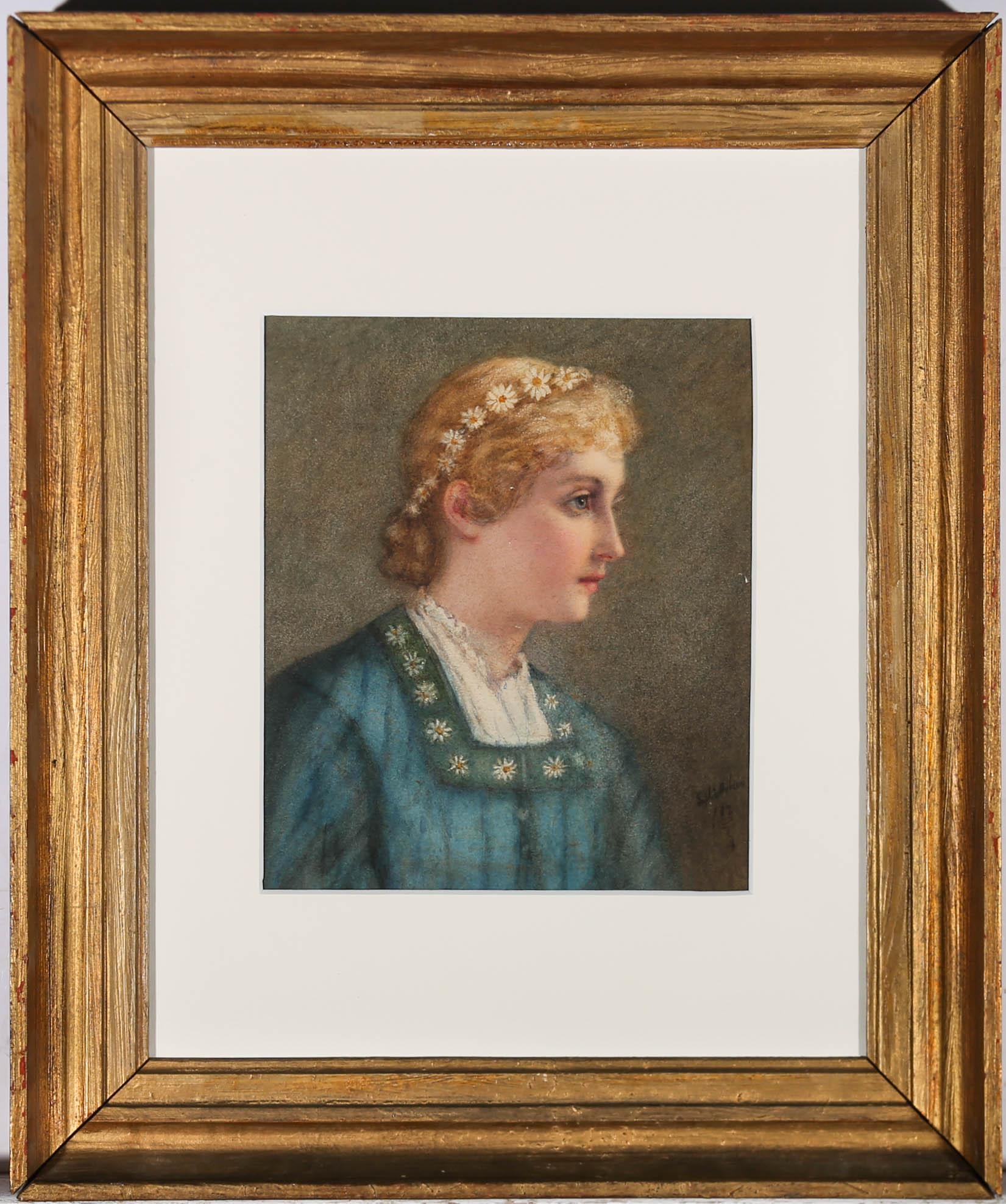 This accomplished watercolours portrait depicts a girl with a chain of daisies in her blonde hair. The daisy motif is repeated in the collar of her blue dress. The artist captures the girl in fine detail #, drawing attention to her delicate features