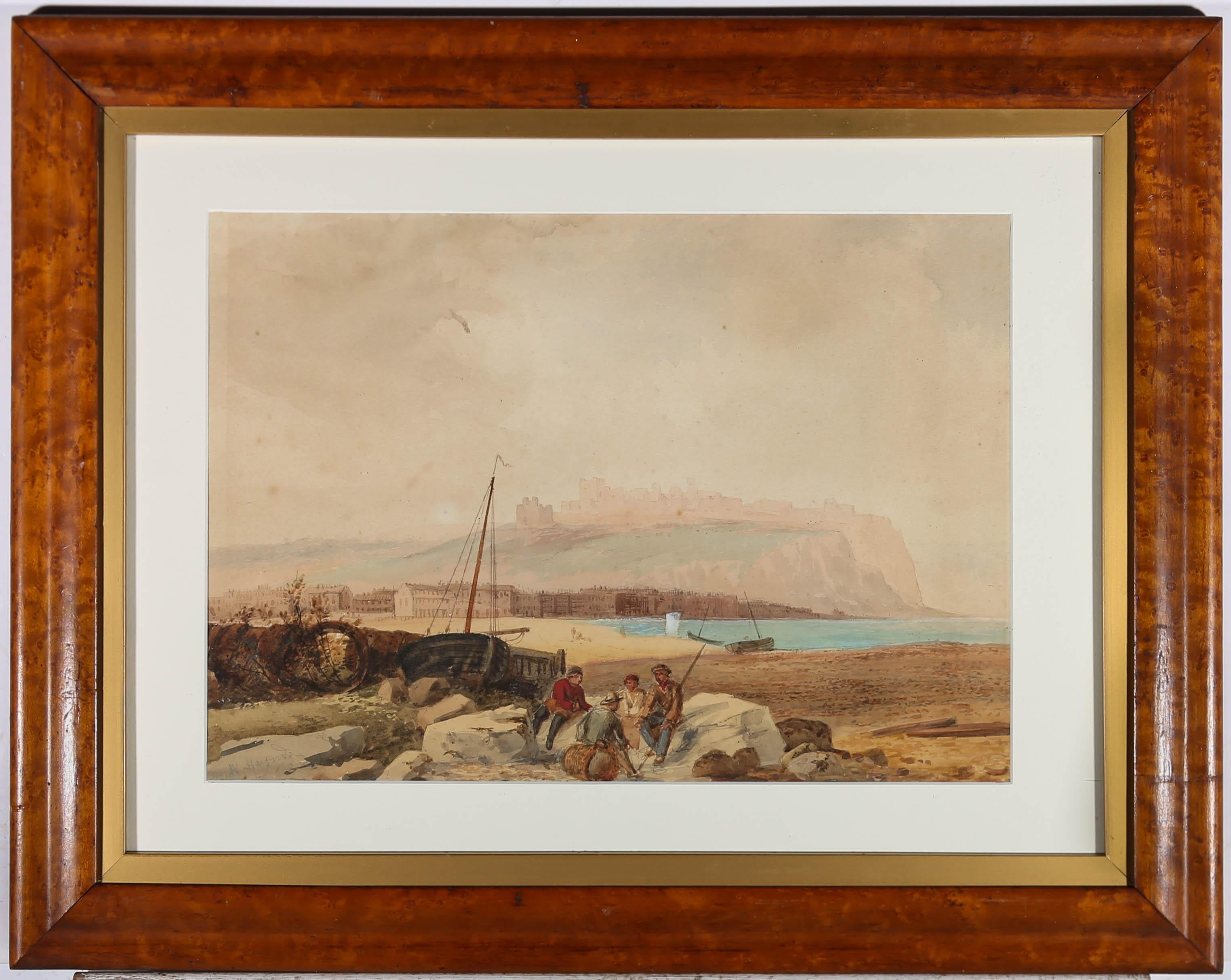 A fine watercolor seascape by William Harford, depicting fisherman gathered on rocks by the beach. A castle is just visible in the background, high up on a cliff. Signed in graphite to the lower left. Well presented in a fine maple frame, with gilt
