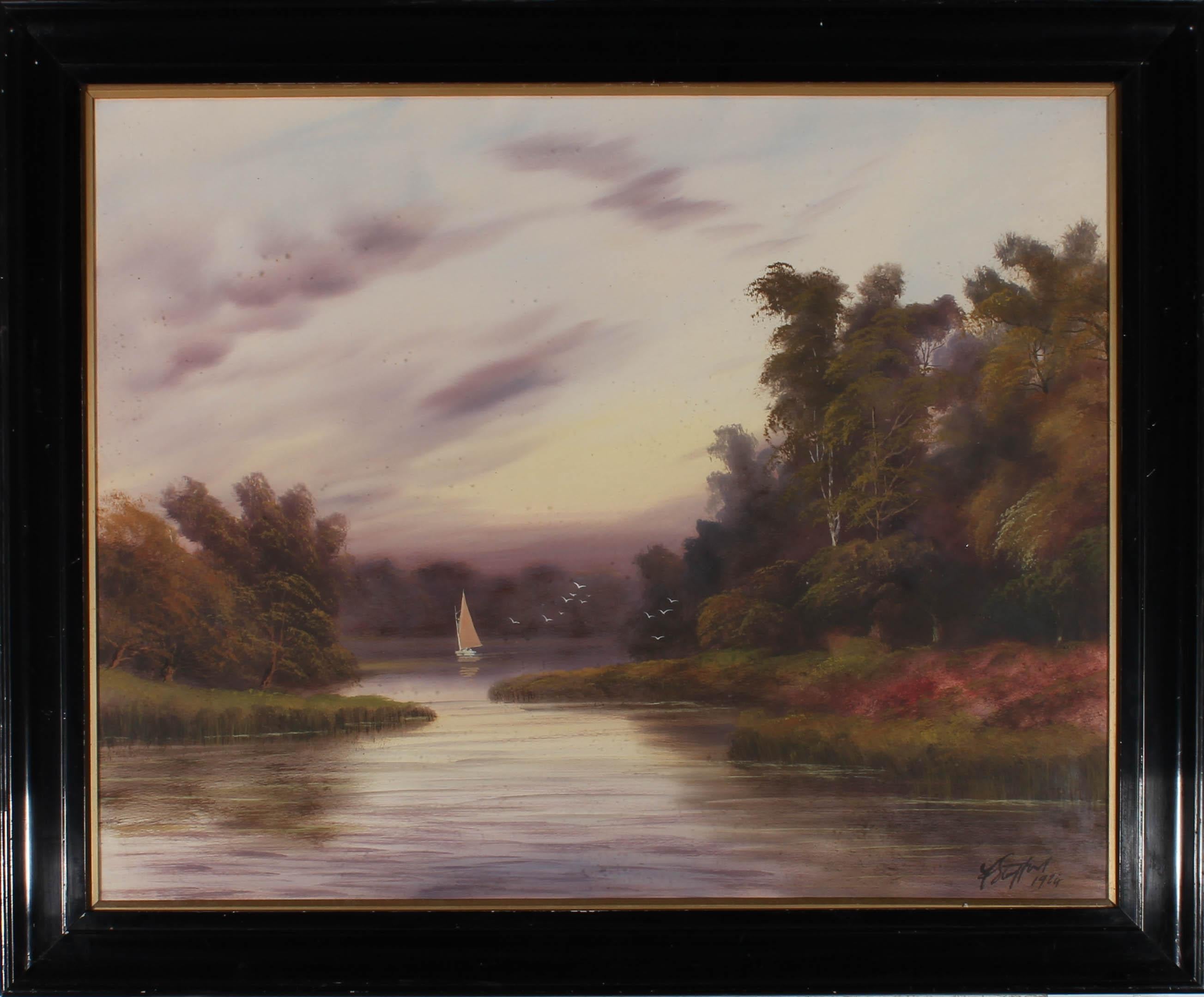 A charming early 20th Century gouache landscape showing a highland lake with a boat on the water. The artist has signed and dated to the lower right corner and the painting has been presented in a Dutch style black lacquer frame with internal gilt