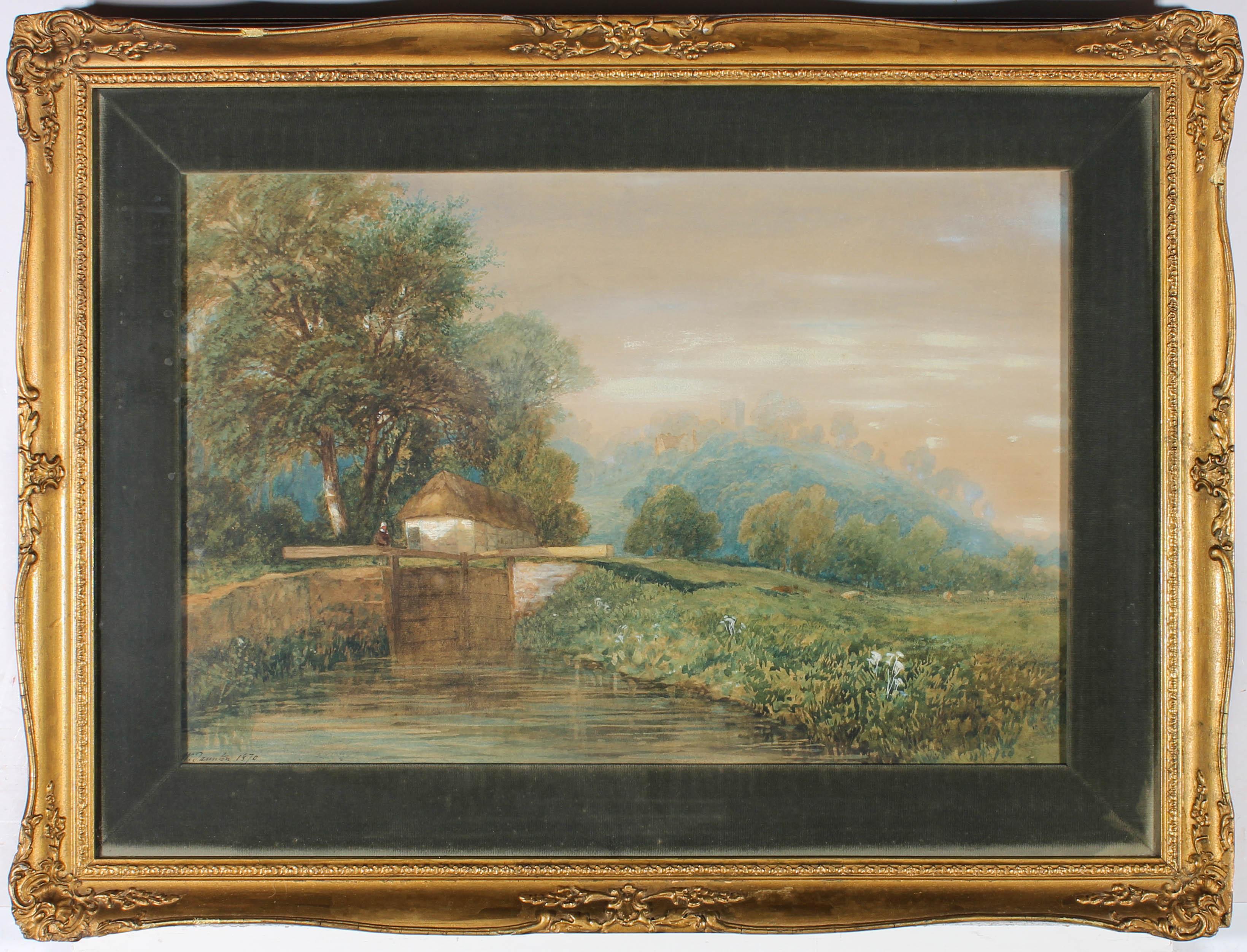 A charming 19th Century watercolour showing a quaint thatched cottage on a river lock with a distant castle on a hilltop on the hazy horizon. The artist has signed and dated to the lower left comer and the painting has been handsomely presented in a