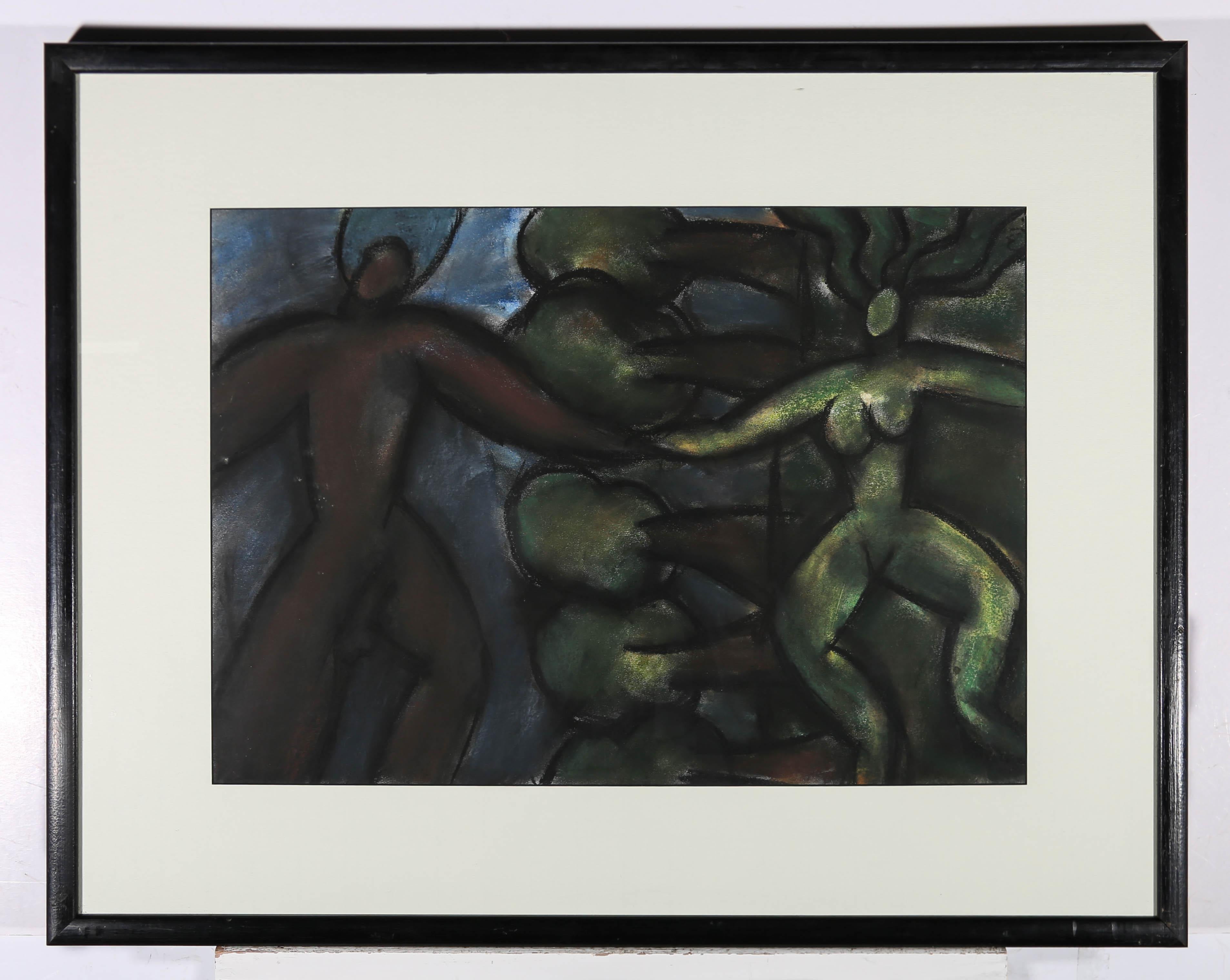 A striking and dramatic 20th Century pastel drawing, showing two dark figures, one a woman with flowing hair, the other a man with a halo, both floating high up in the treetops, holding hands. The artwork is unsigned and presented in a simple black