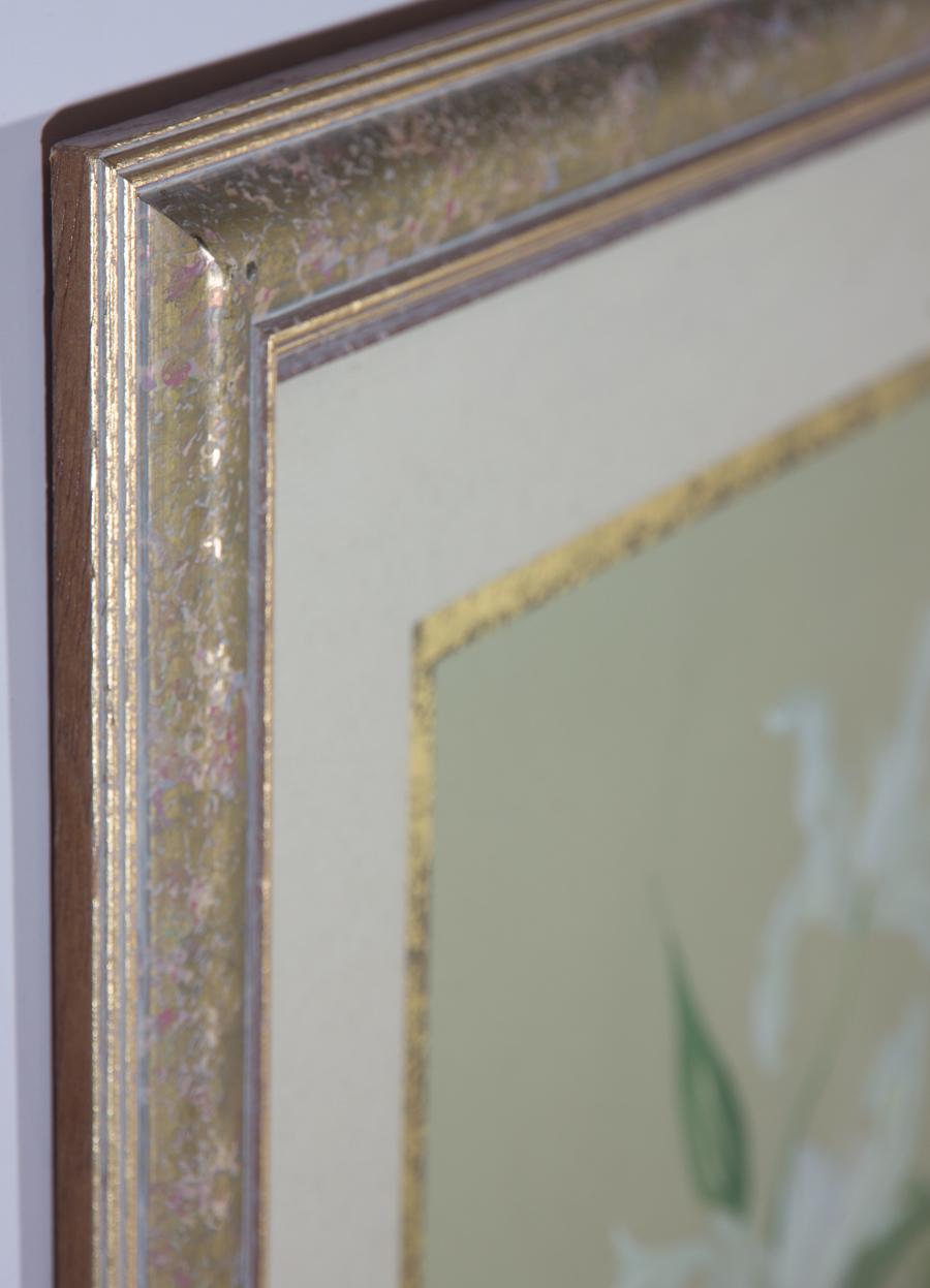 A charming watercolour with white body colour of a floral study. Well presented in a mount and patterned frame. Unsigned. On wove.